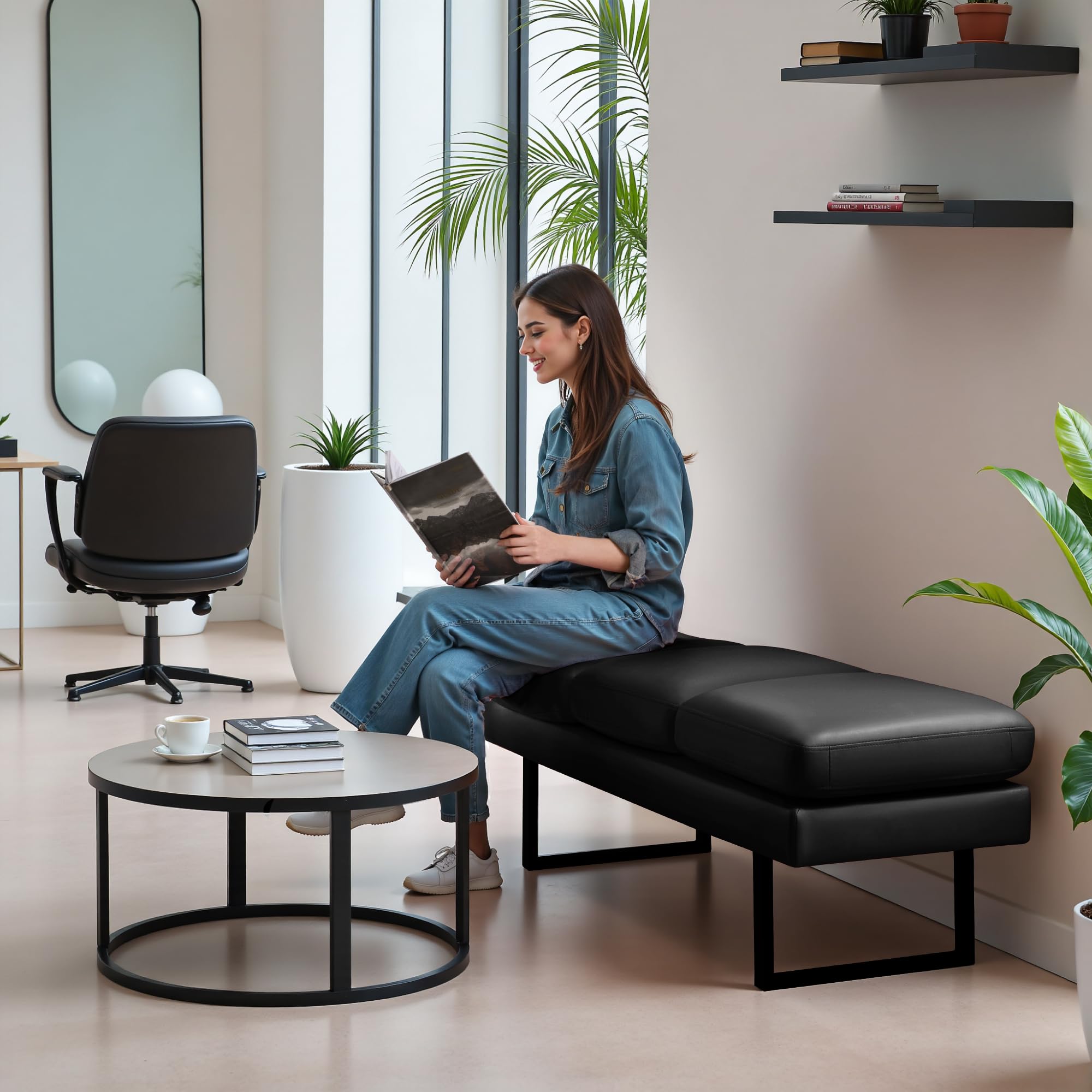 3-Seat Faux Leather Waiting Room Bench - Upholstered Office Reception Chair for Salon, Lobby, Conference Room & Shop - Durable Guest Seating Solution (Black) | Perfect for Clinics, Hotels & Commercial Spaces