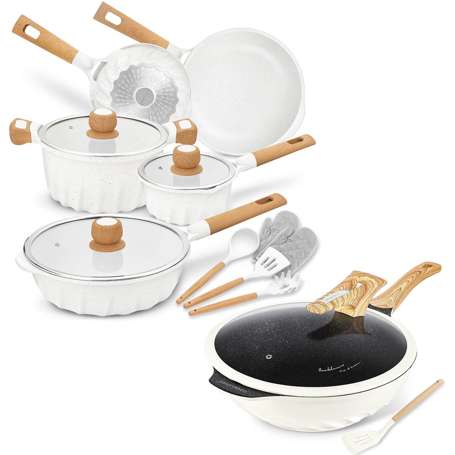 Non-Stick Induction Cookware Set - 13-Piece White Kitchen Cookware with 12.6