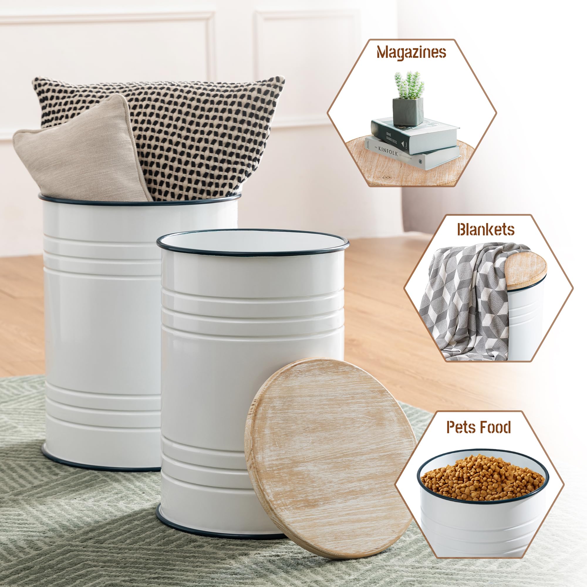 Glitzhome Rustic Storage Ottoman Seat Stool - Farmhouse End Table with Galvanized Dark Blue Rim & Round Wood Lid - Imitation Enamel Accent Side Table Toy Storage Bin for Living Room, Bedroom, Nursery - Set of 2 in White - Perfect for Home Decor, Extra Seating & Organization