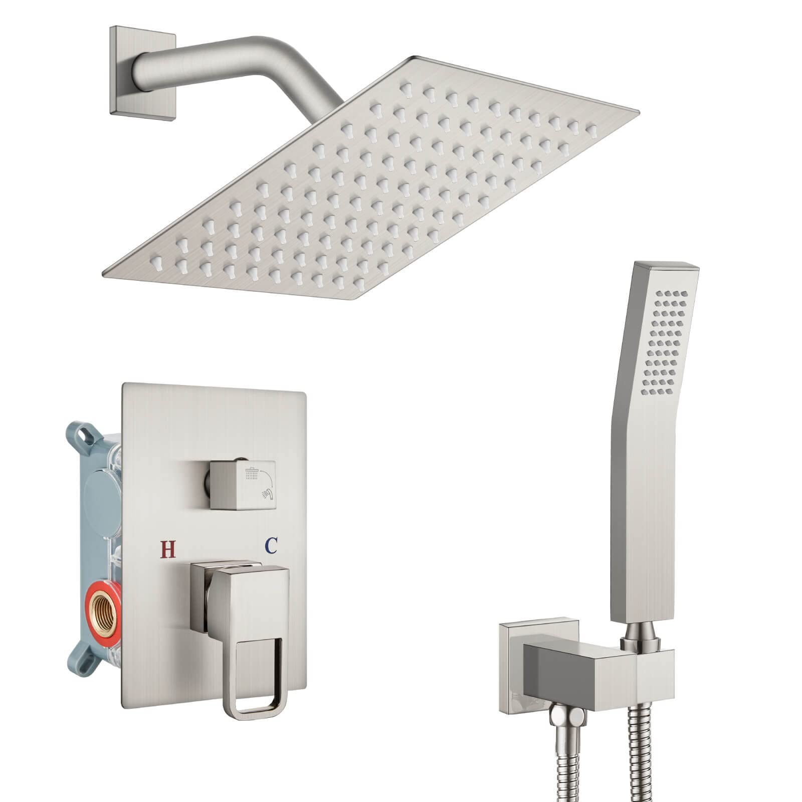 Gotonovo 8 Inch Rainfall Shower System Set - Brushed Nickel Wall Mount Showerhead with Dual Function Mixer Valve - Modern Bathroom Fixture for Spa-Like Experience - Perfect for Master Bath & Luxury Home Renovations