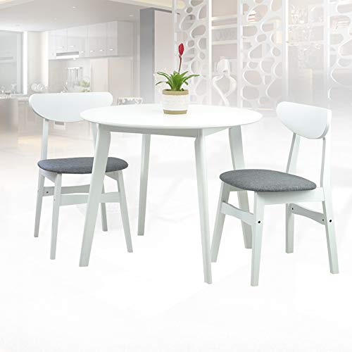 SK New Interiors 4-Piece Modern Dining Set - Round Solid Wood Table & Yumiko Chairs with Padded Seats (White Frame & Light Gray Cushion) - Perfect for Kitchen, Breakfast Nook & Small Space Dining Rooms