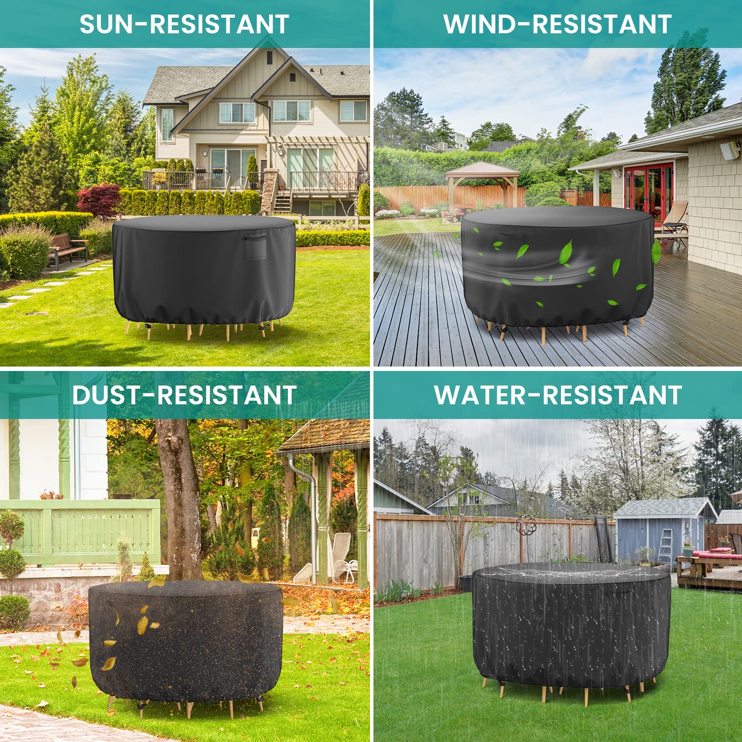 Heavy-Duty 600D Waterproof Round Outdoor Table Cover - 62