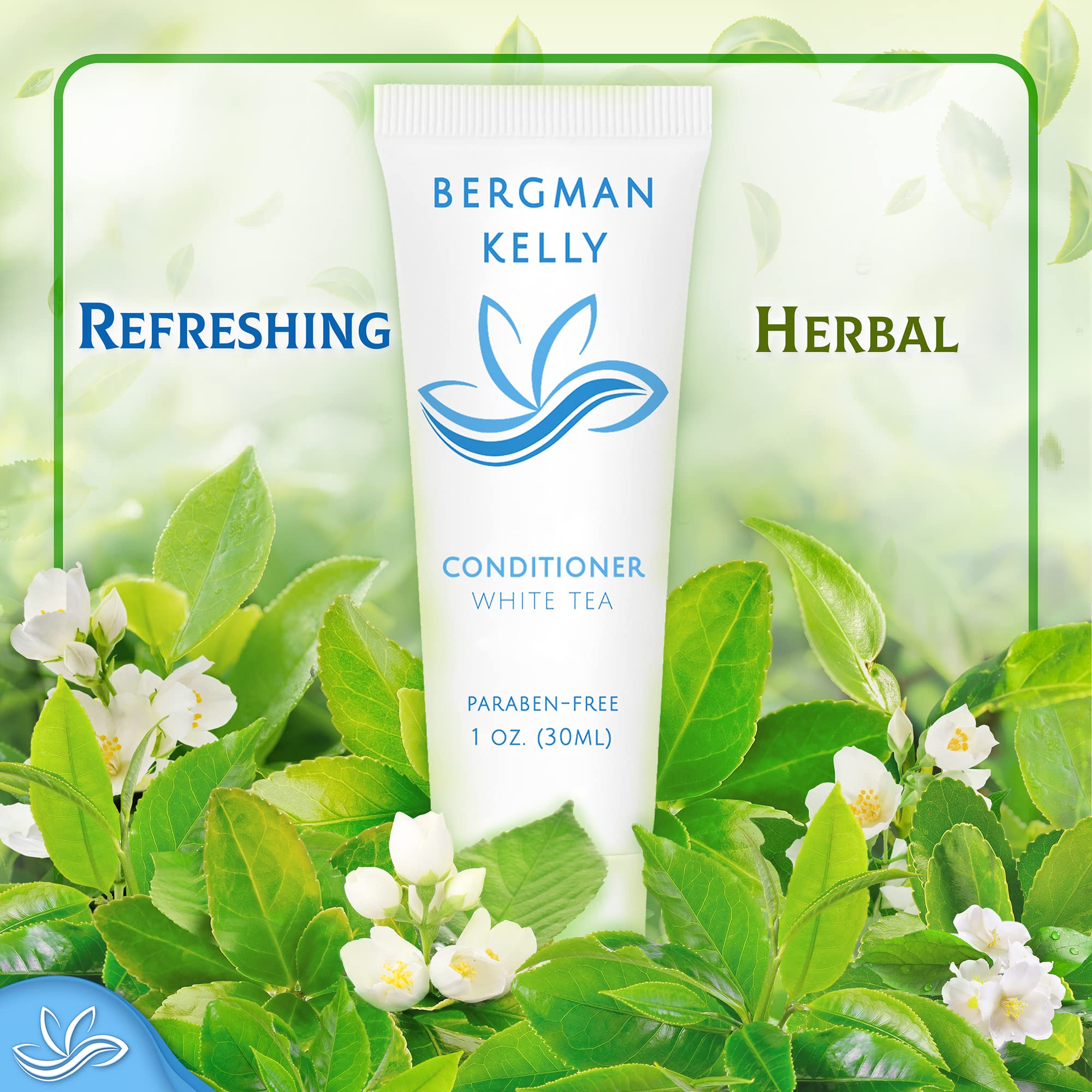 BERGMAN KELLY White Tea Hotel Conditioner (1 Fl Oz, 100 Pack Bulk) - Revitalizing Travel Size Conditioner for Hotels, Spas & Guest Amenities - Refreshing White Tea Scent for Luxurious Hospitality Experience