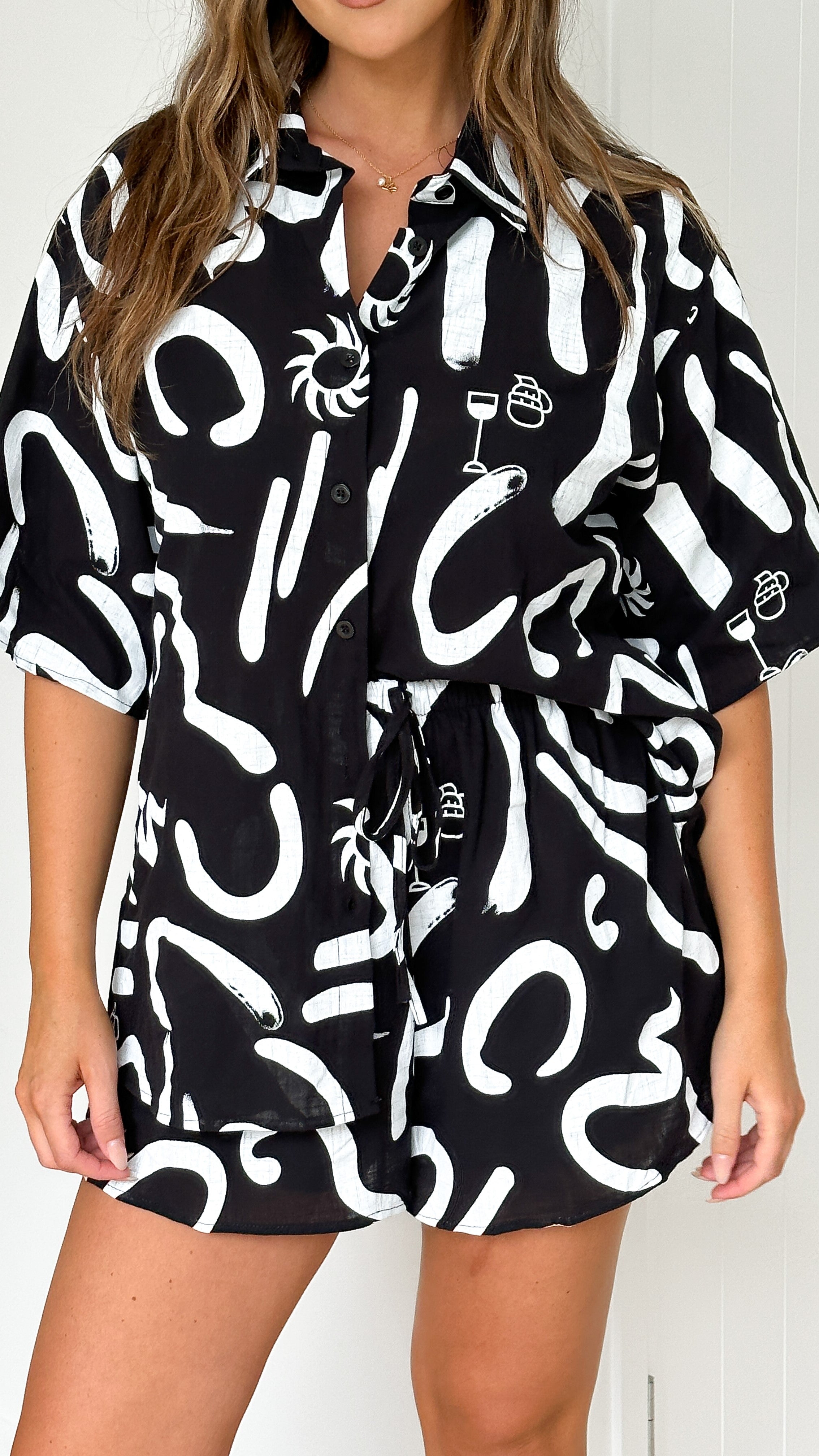 Charli Button Up Shirt and Shorts Set for Women - Black & White 2-Piece Outfit | Casual Summer Wear, Beach Cover Up, Vacation Outfit