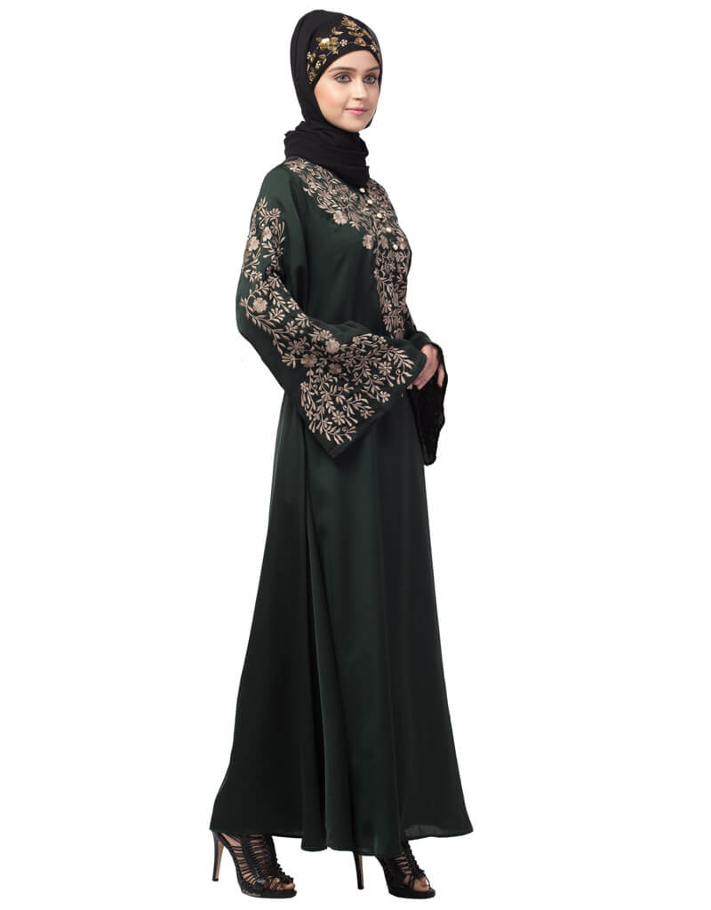 Elegant Arabic Embroidered Abaya Dress with Neck & Sleeve Resham Details - Green A-Line Party Wear for Women | Perfect for Weddings, Eid Celebrations & Special Occasions