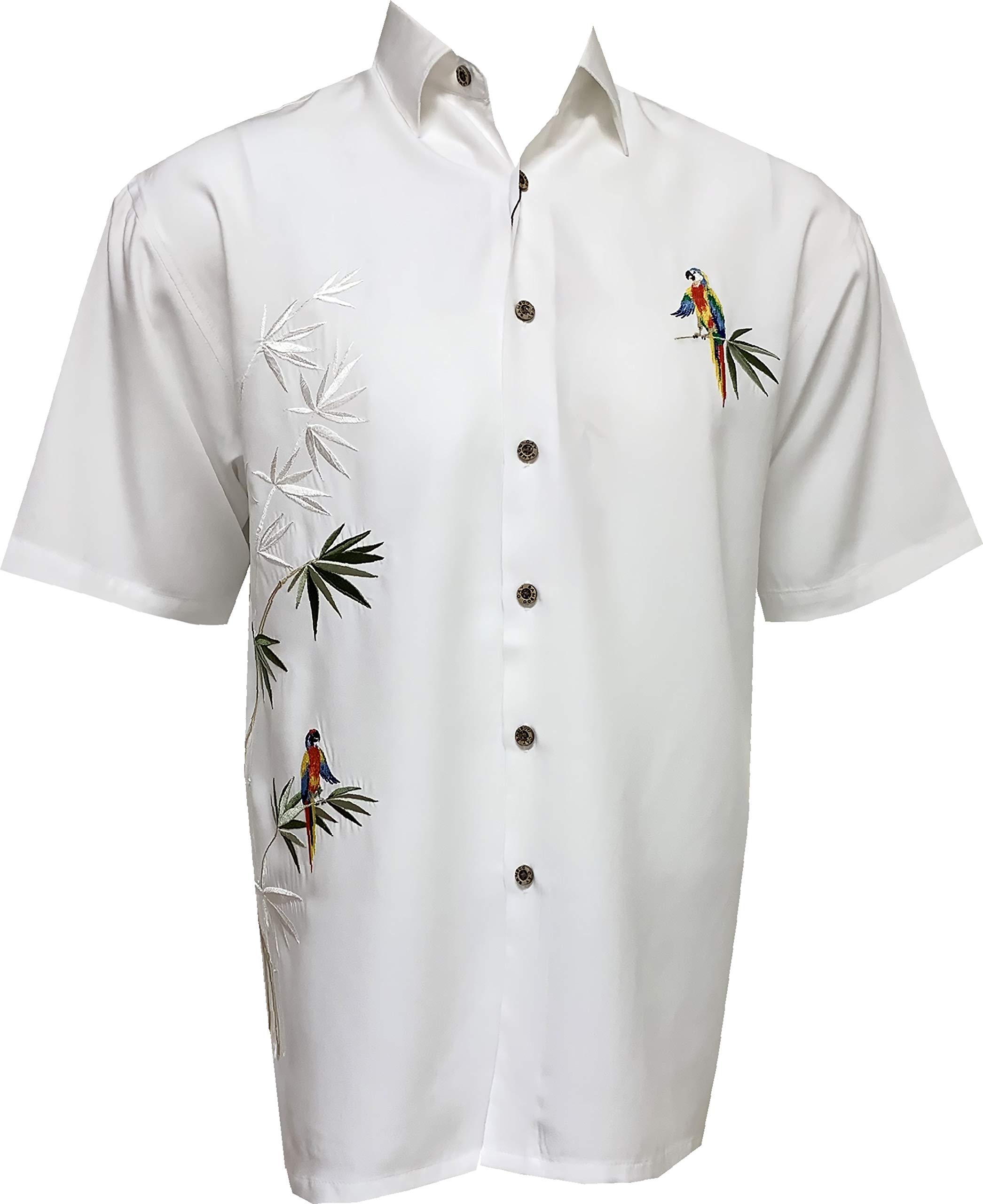 Bamboo Cay Embroidered Men's Short Sleeve Hawaiian Shirt with Flying Parrots - Tropical Button Down Casual Shirt for Beach Vacation, Summer Party & Island Getaway