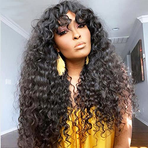 Beafay Brazilian Virgin Human Hair Wig with Bangs - 130% Density Water Wave Glueless Machine Made Wig for Black Women, Natural Color 24 Inch | Perfect for Daily Wear, Parties, Cosplay & Protective Styling