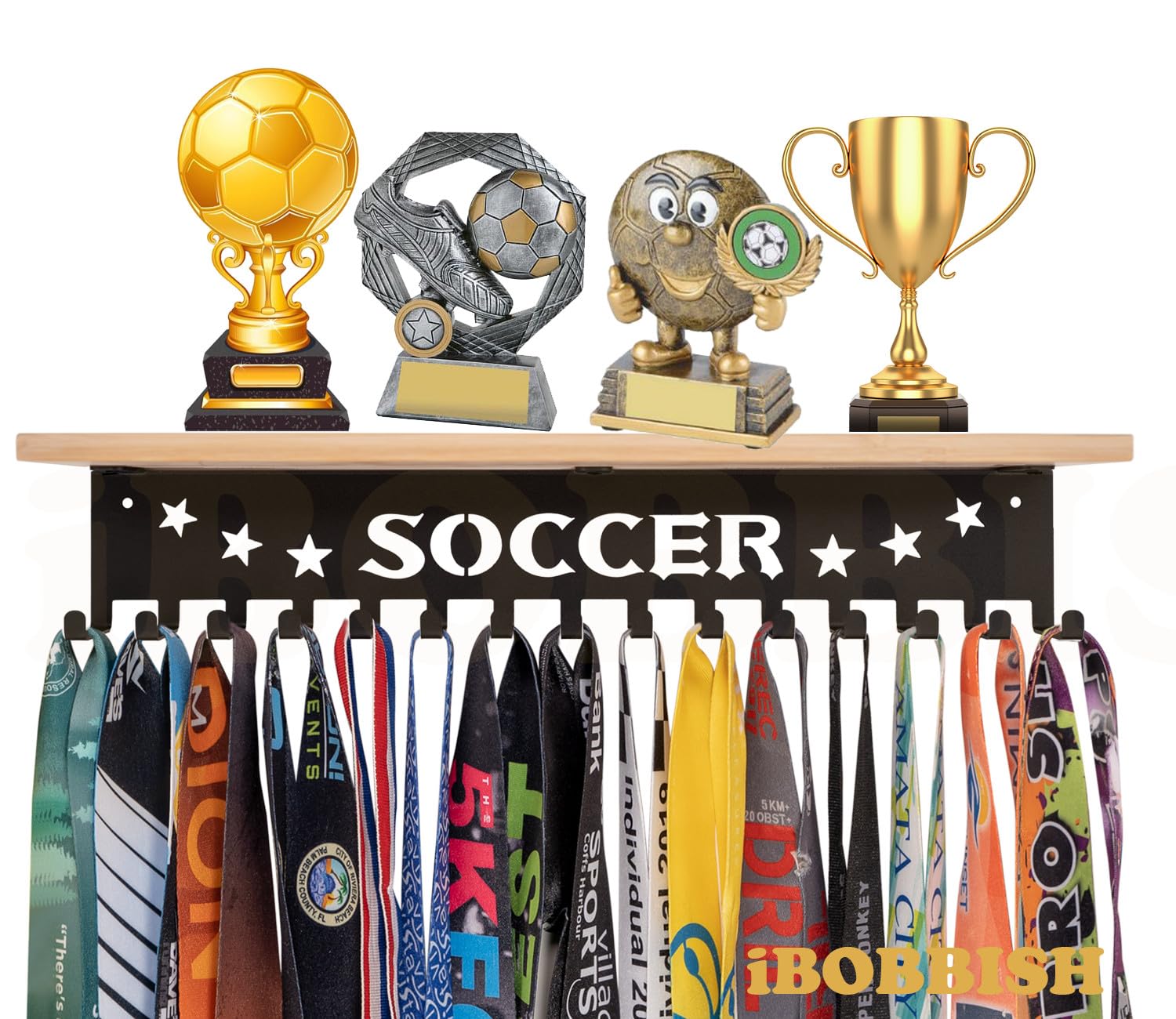 Premium iBobbish 16-Inch Metal Trophy & Medal Display Shelf with Hooks - Large Sturdy Bamboo Trophy Board for Wall Mount - Perfect for Sports Awards, Academic Achievements & Office Recognition Displays