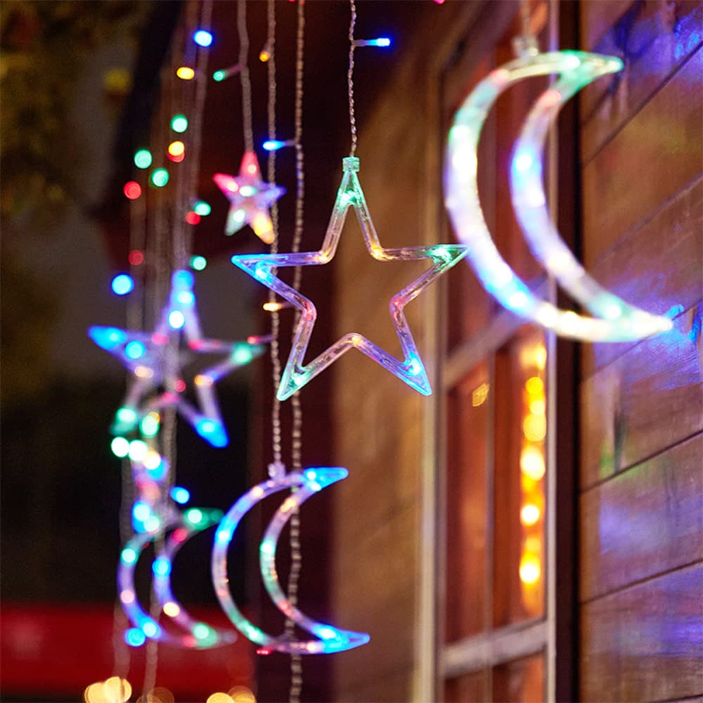 Christmas String Lights - Battery Operated LED Curtain Lights with Moon & Star Design for Ramadan, Bedroom, Dorm, Porch & Patio Decorations | Waterproof Outdoor Party Lights for Wedding, Garden & Holiday Celebrations