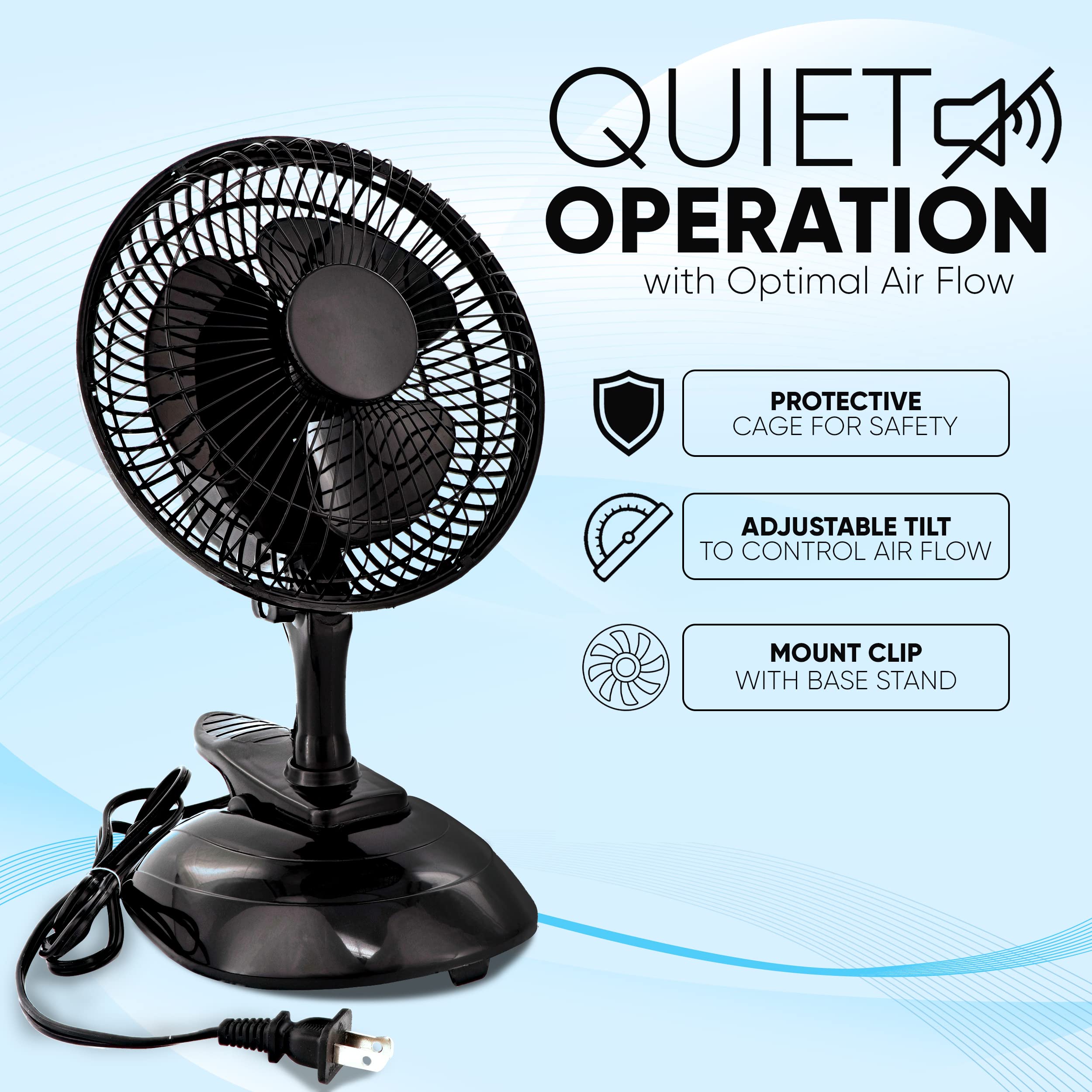 RamPro 6 Inch Portable Clip on Desk Fan - Small, Quiet Plug In Personal Cooling Fan with 2 Speed Settings & Adjustable Tilt - Perfect for Home, Office, Bedroom, Dorm (Black, 2 Pack) - Stay Cool While Working, Studying or Sleeping
