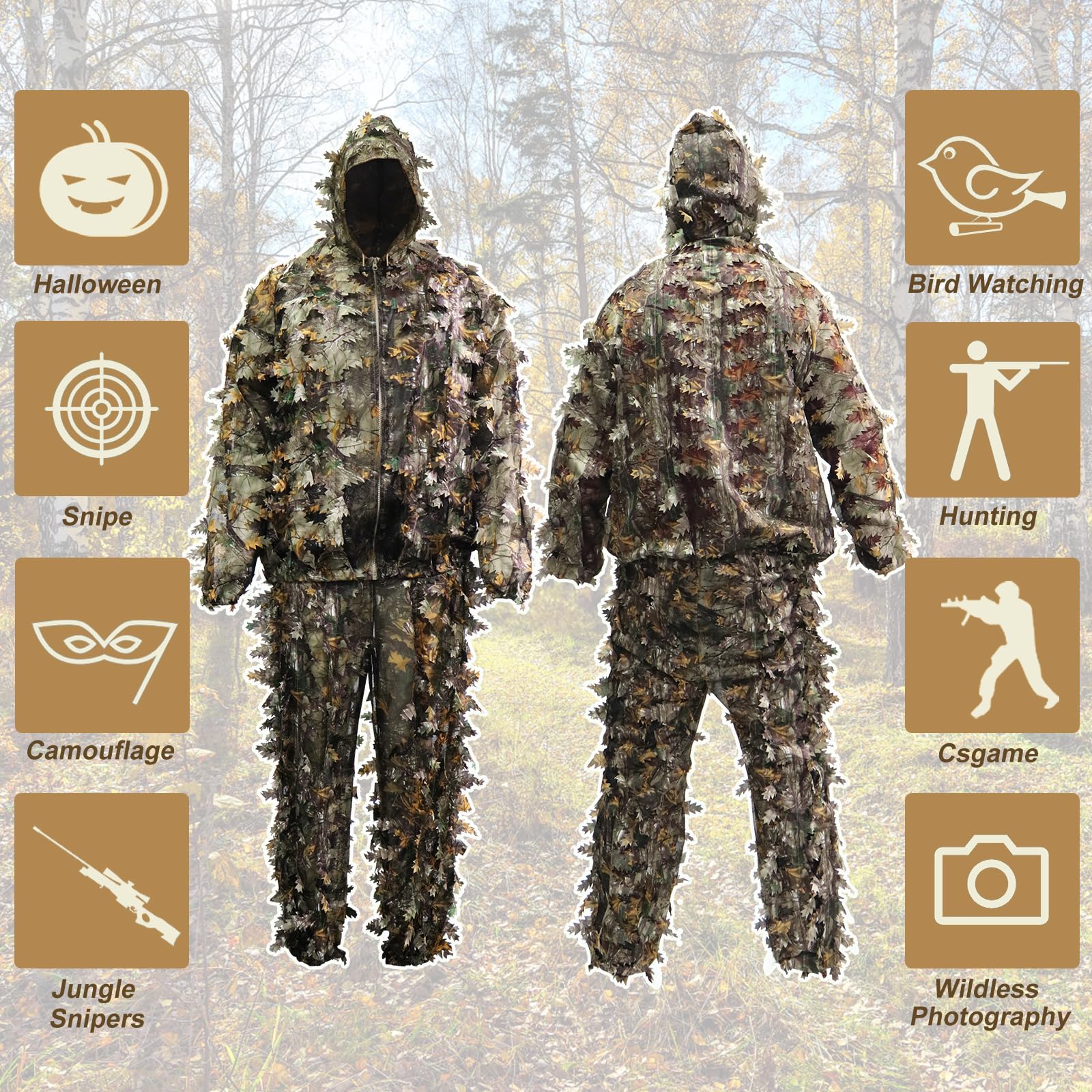 DoCred 3D Leafy Camo Ghillie Suit for Hunting - Men's Full Body Camouflage Outfit for Deer Hunting, Airsoft, Sniper Training & Outdoor Survival Scenarios