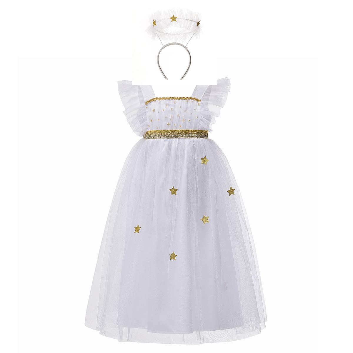 White Starlight Angel Costume for Girls - Sparkly Fairy Dress with Wings & Halo - Perfect for Halloween, Christmas Pageants & Fairy Tale Dress-Up