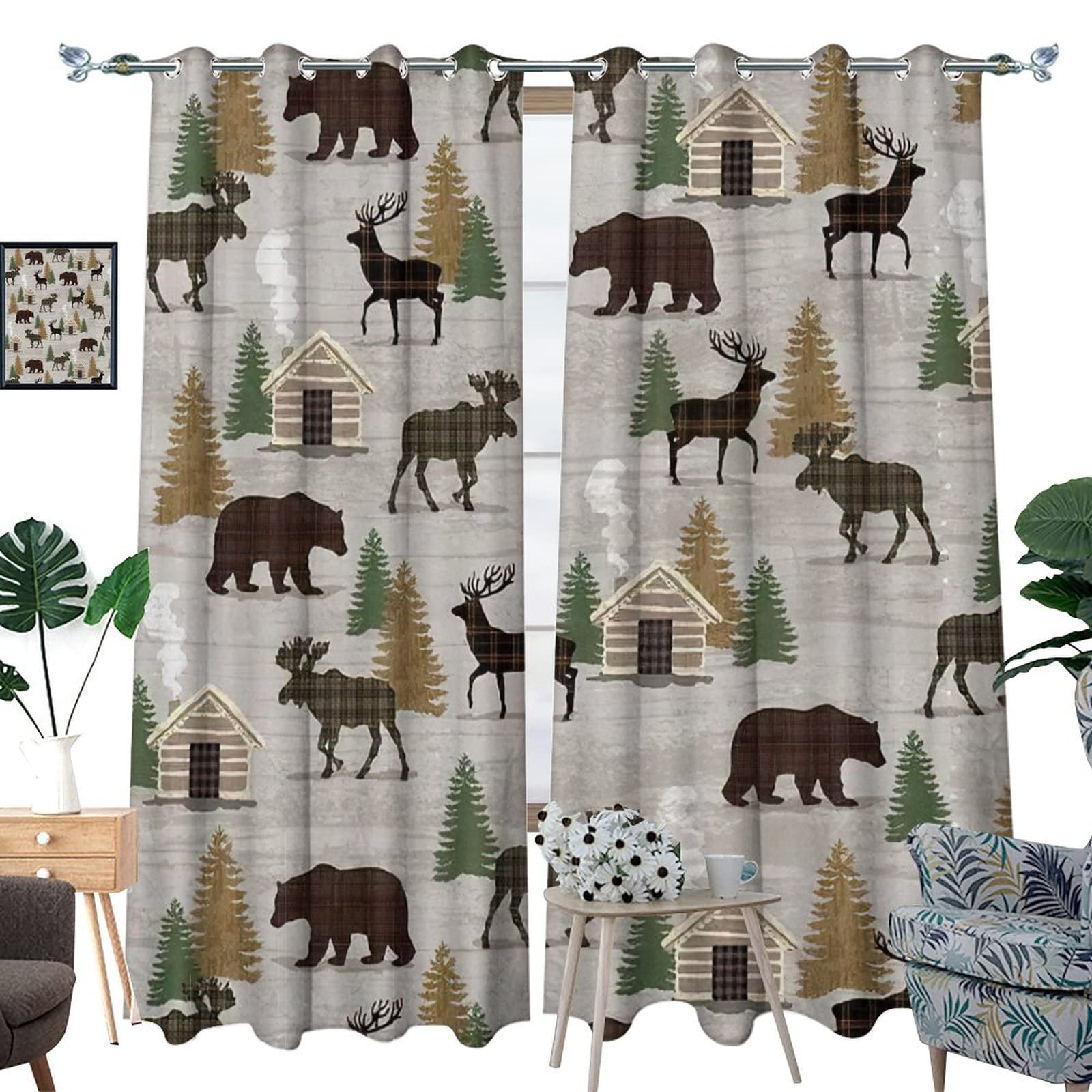 Camouflage Blackout Curtains Set of 2 Panels - Country Farmhouse Lodge Style with Bear Moose Deer Prints - 42x63 Inch Thermal Insulated Window Drapes for Bedroom & Living Room - Perfect for Hunting Cabins, Rustic Home Decor, and Light Blocking
