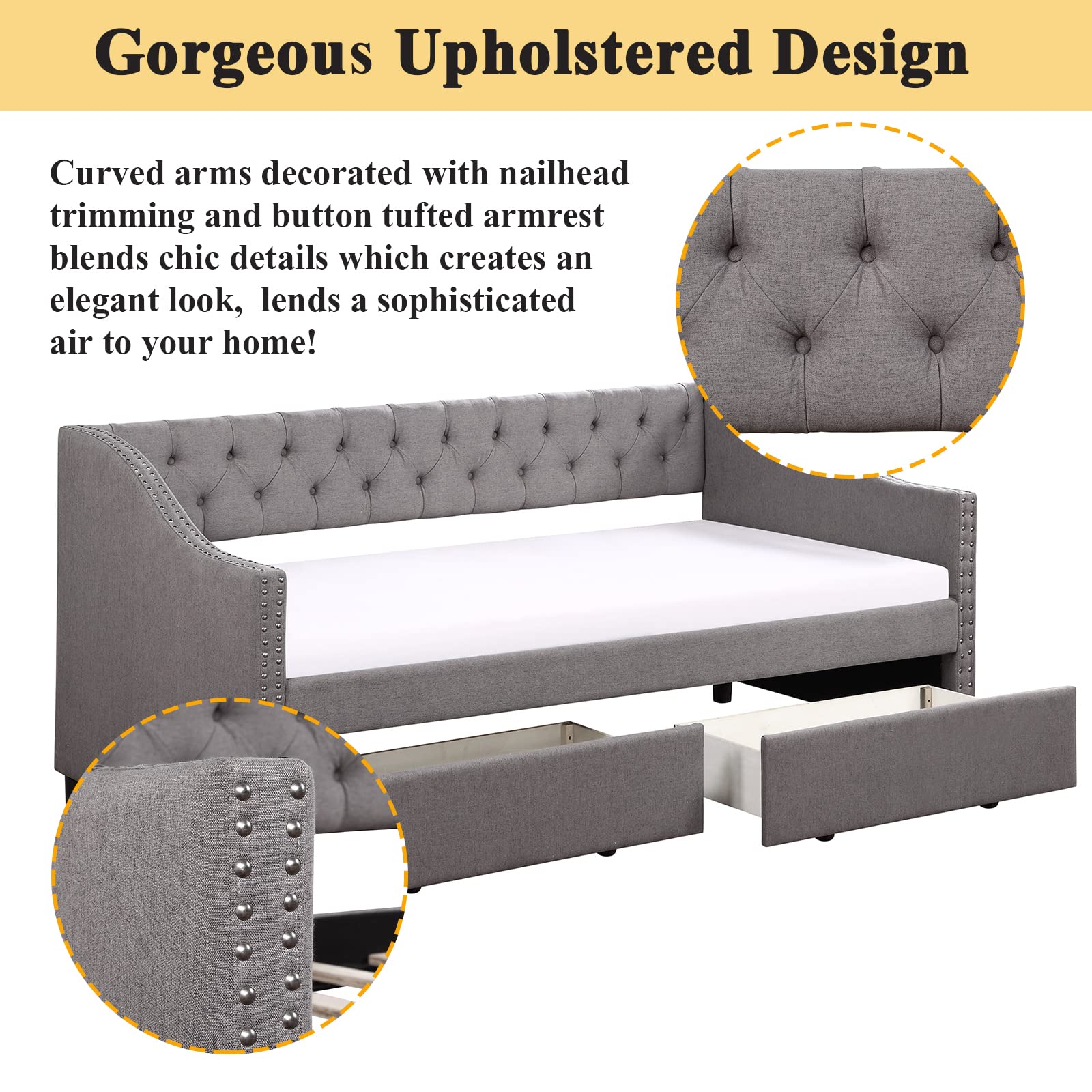 Modern Upholstered Daybed with Storage | Wood Twin Daybed with Drawers | Tufted Sofa Bed with Nailhead Trim for Living Room & Bedroom (Grey) | Perfect for Guest Rooms, Small Spaces & Multi-Functional Furniture Needs
