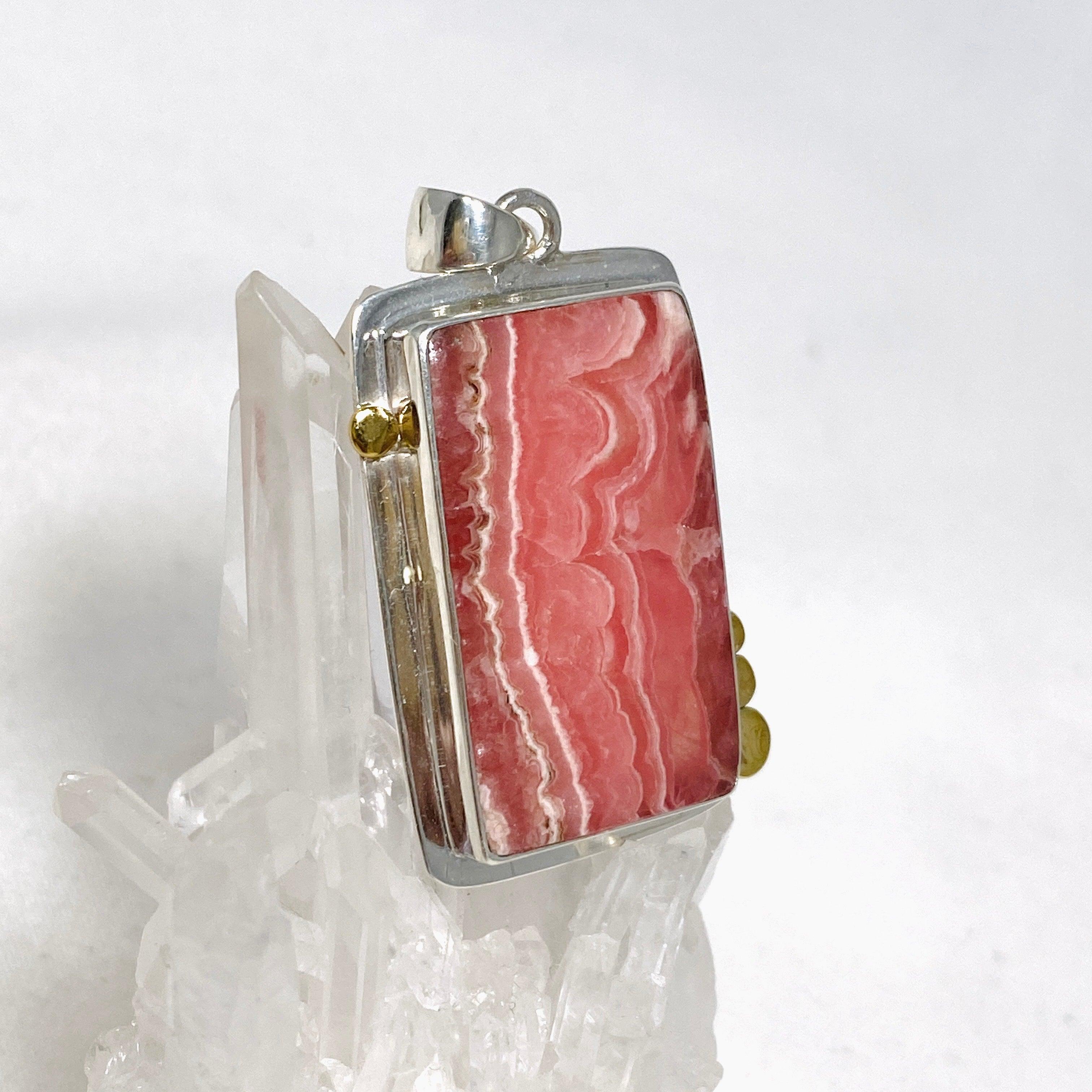 Rhodochrosite Rectangular Pendant with Brass Accents KPGJ4324 - Elegant Gemstone Jewelry for Women, Gift for Her, Perfect for Valentine's Day & Anniversary