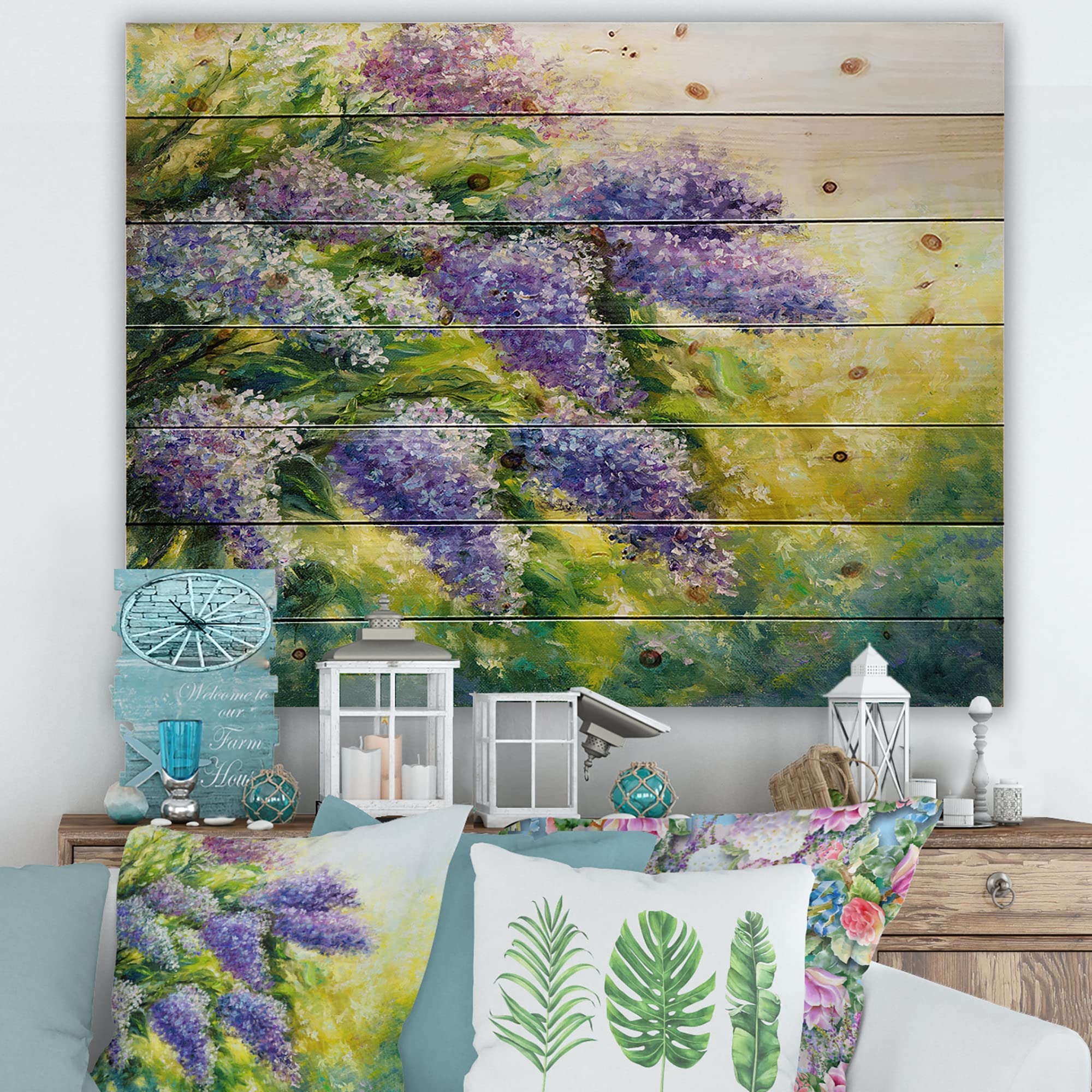 DesignQ Lilac Tree In The Garden Impressionist Wood Wall Art - Large Floral Pine Wood Panel Decor for Living Room, Bedroom & Office - Traditional Nature-Inspired Home Décor