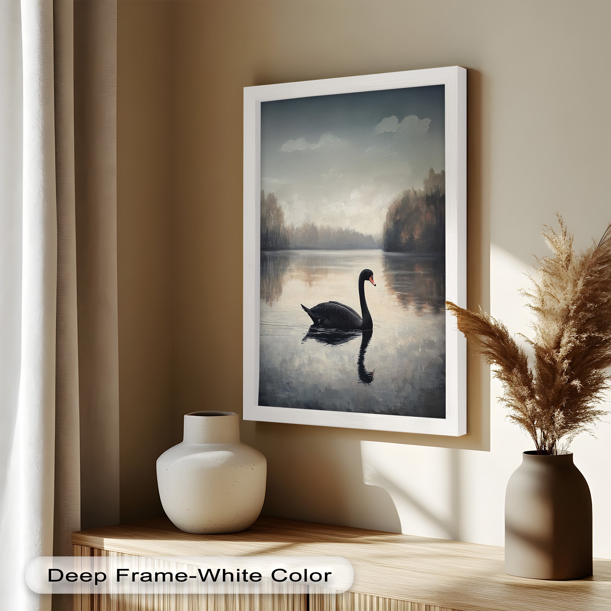 Black Swan at Dusk - Hand Painted Lake Landscape Oil Canvas Artwork - Perfect for Living Room, Bedroom, or Office Wall Decor