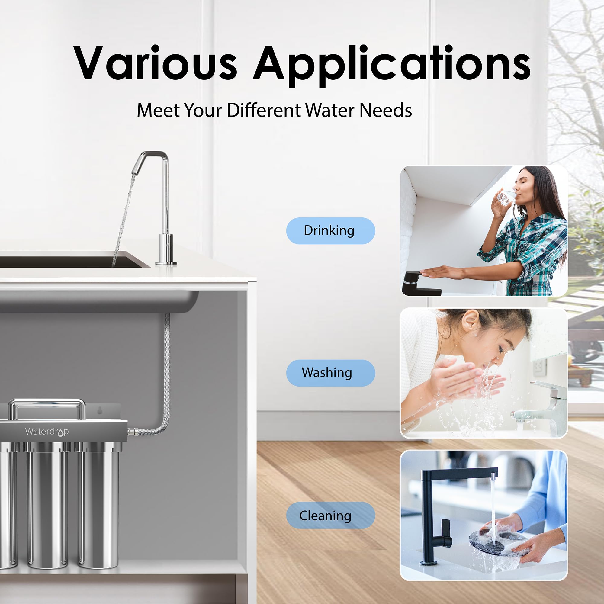 Waterdrop TST-UF 0.01μm Ultra-Filtration Under Sink Water Filter System - Stainless Steel Kitchen Faucet Filter with 5X Service Life, Removes 99.99% of Contaminants >0.01μm - Perfect for Clean Drinking Water, Cooking, and Healthy Home Hydration