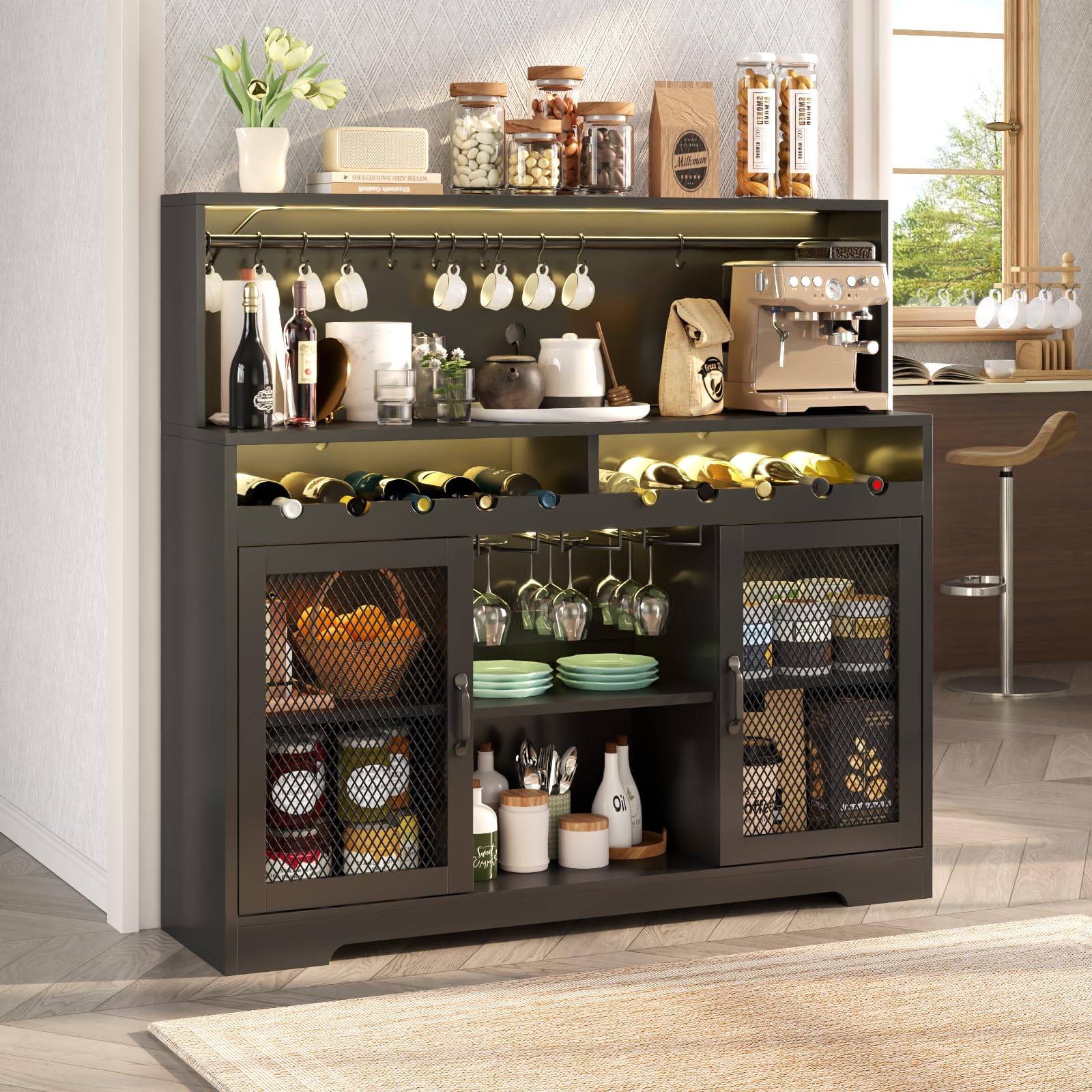 Loomie Modern Wine Bar Cabinet with LED Lighting - Glass Holder Liquor Storage & Coffee Bar Buffet Cabinet with Wine Racks & Mesh Door - Perfect for Home Bars, Dining Rooms & Entertaining (Black)
