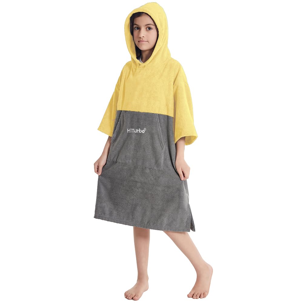 Hiturbo Kids Changing Towel Robe - Super Absorbent Quick Dry Surf Poncho with 3/4 Sleeves, Soft Microfiber Bath Towel for Beach, Pool & Swimming - Perfect for Boys & Girls (Yellow/Gray)
