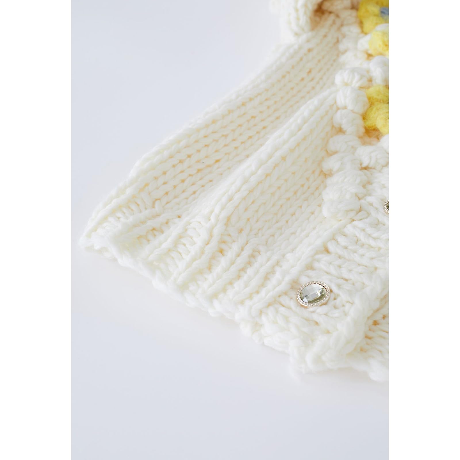 Chicwish Women's Yellow Stitch Floral Pom Pom Knit Cardigan Sweater - Cozy Fall Layering Piece for Casual Outfits & Autumn Photoshoots