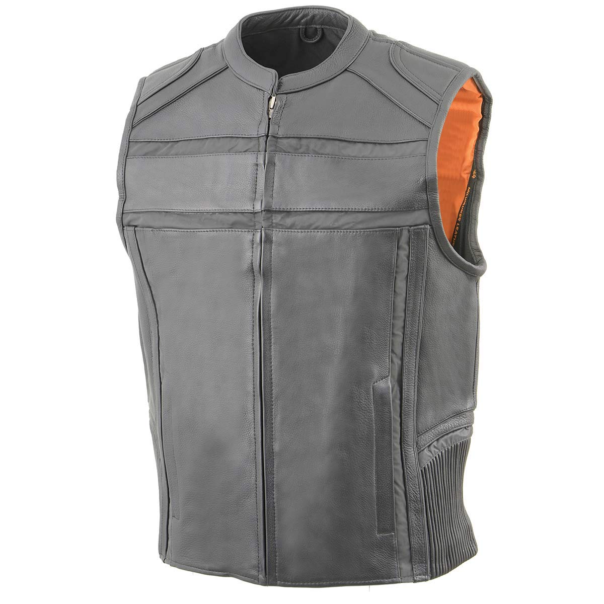 Milwaukee MLM3560 Men's Black Leather Motorcycle Vest with Reflective Piping & Elastic Waist - Biker Jacket for Riding, Cruising & Outdoor Adventures