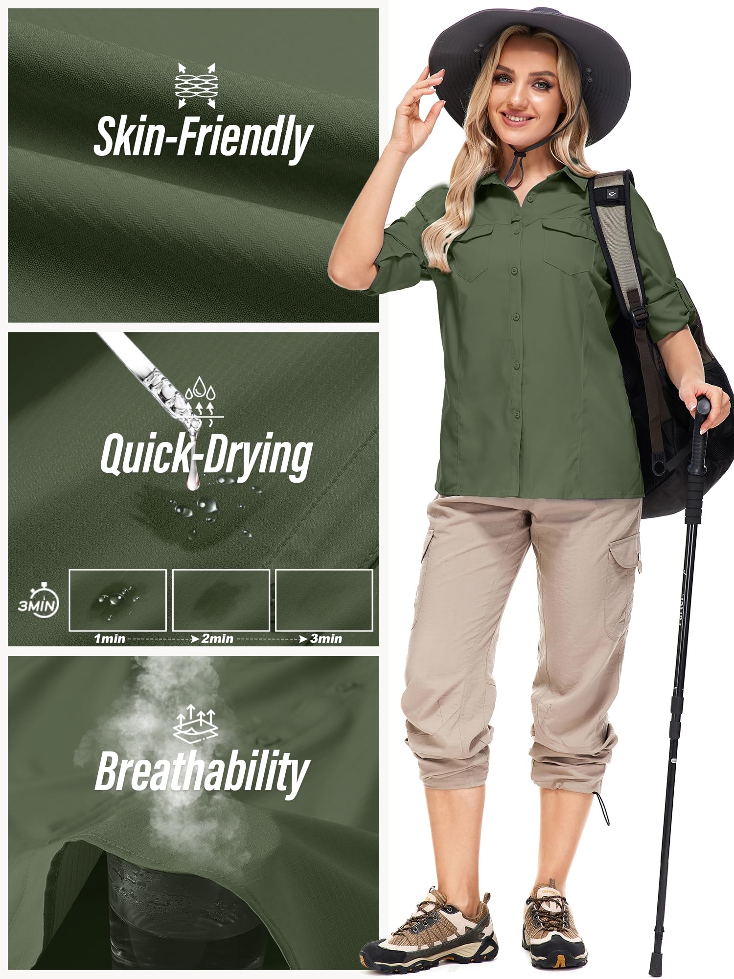 UPF50+ Sun Protection Fishing Shirts for Women & Men - Long Sleeve Travel & Safari Shirts with Zipper Pockets - Perfect for Outdoor Activities, Hiking, Camping and Beach Vacations