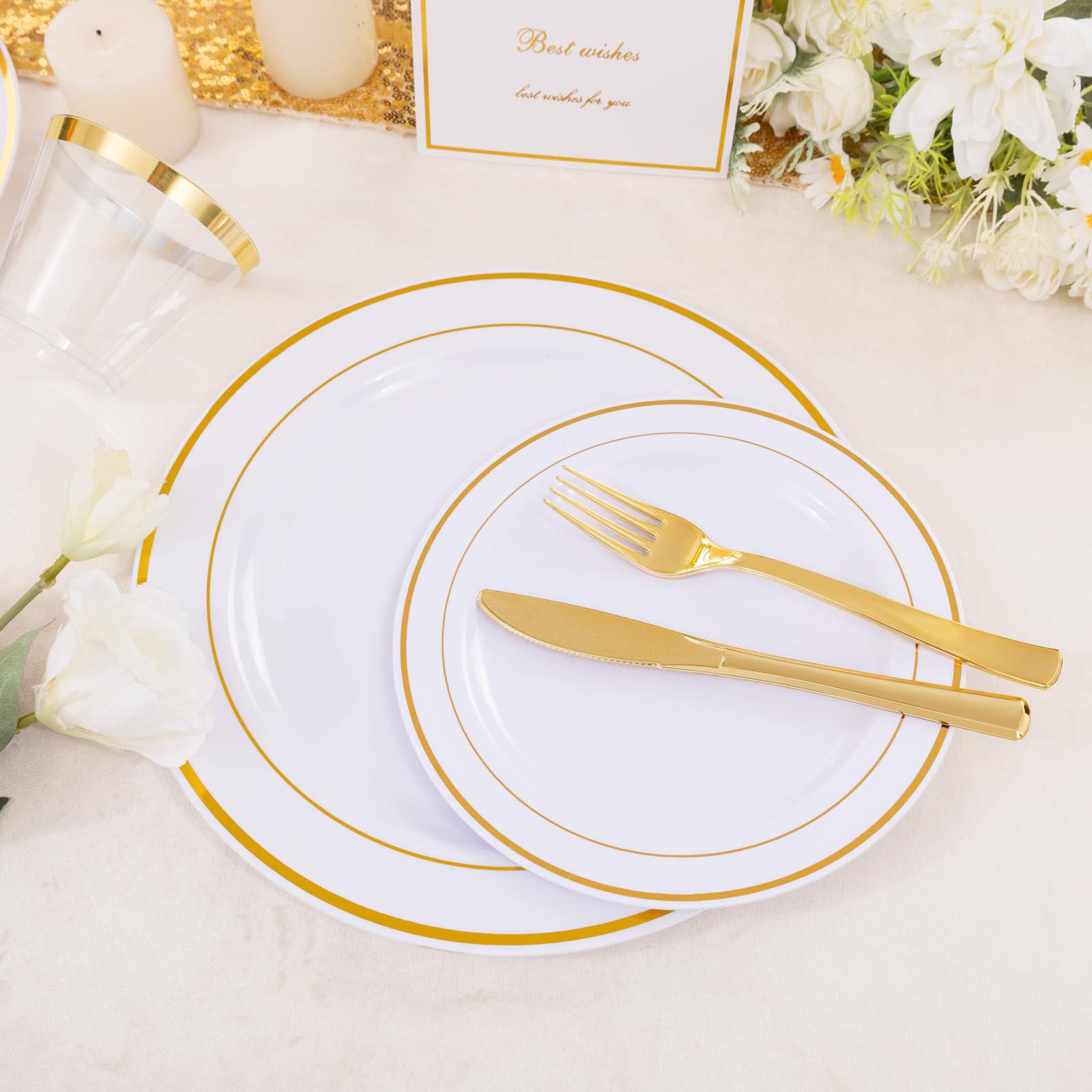 DaYammi 350-Piece Gold Plastic Dinnerware Set for 50 Guests - Elegant Disposable Plates, Cups, Silverware & Napkins for Parties, Weddings, Events - Includes 50 Dinner Plates, 50 Dessert Plates, 50 Cups & 50 Pre-Rolled Napkins with Gold Cutlery - Perfect for Birthday Celebrations, Bridal Showers & Holiday Gatherings