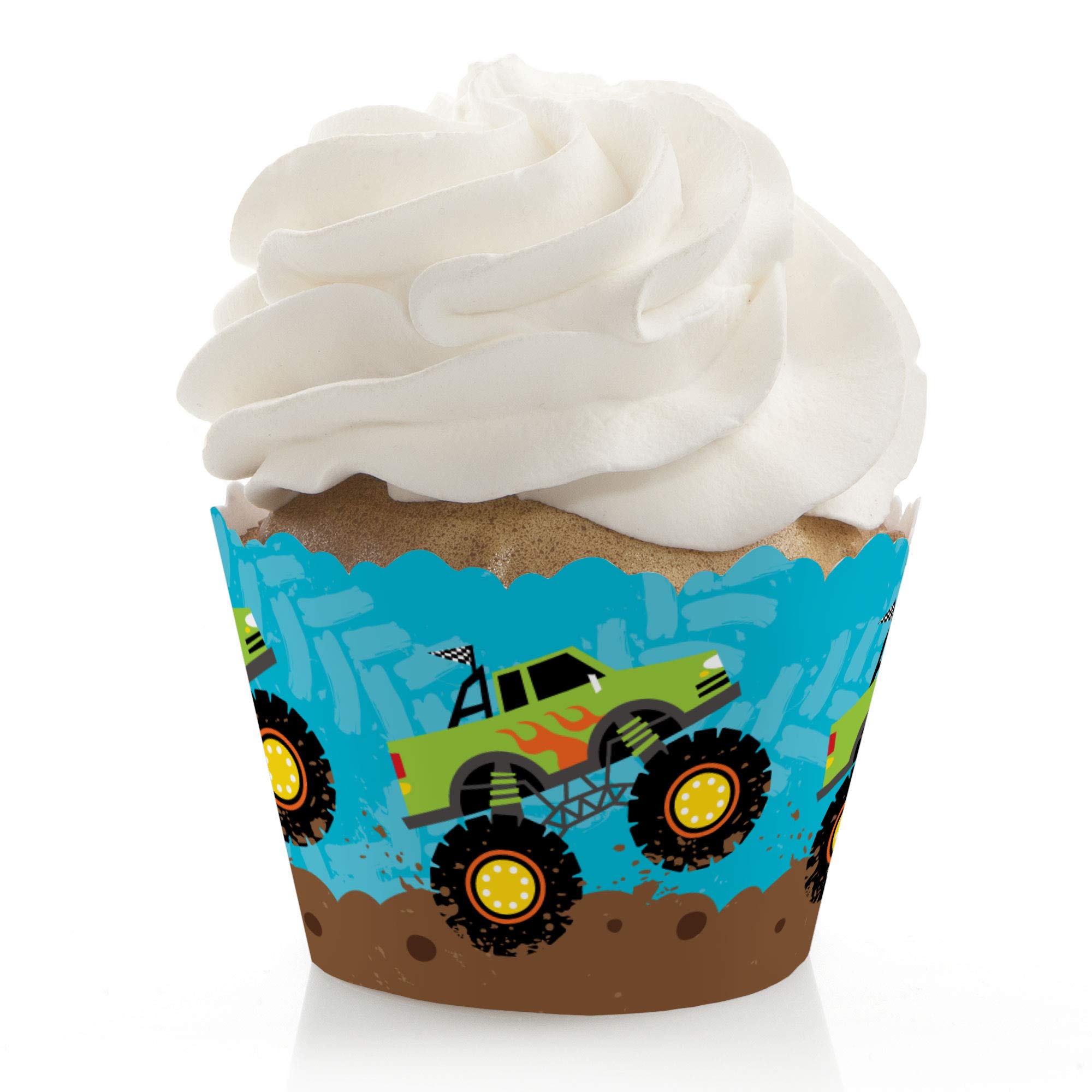 Big Dot of Happiness Smash & Crash Monster Truck Birthday Party Decorations - 12-Pack Cupcake Wrappers for Boys' Themed Parties, Kids' Room Decor & Truck Lover Gifts