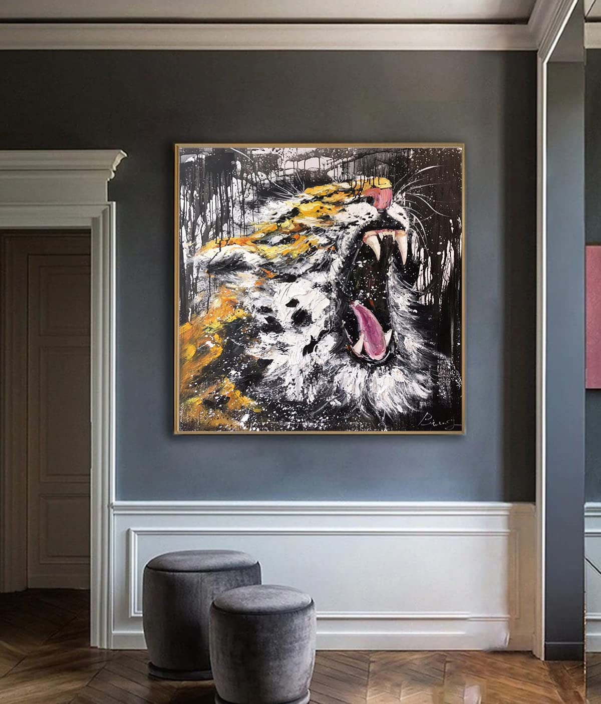 Handmade KSALPCH Tiger Original Oil Painting on Canvas - Animal Portrait, Modern Abstract Wall Art, Unstretched 36x36 Inches (92x92cm) - Perfect for Living Room Decor, Office Artwork & Unique Gift Ideas