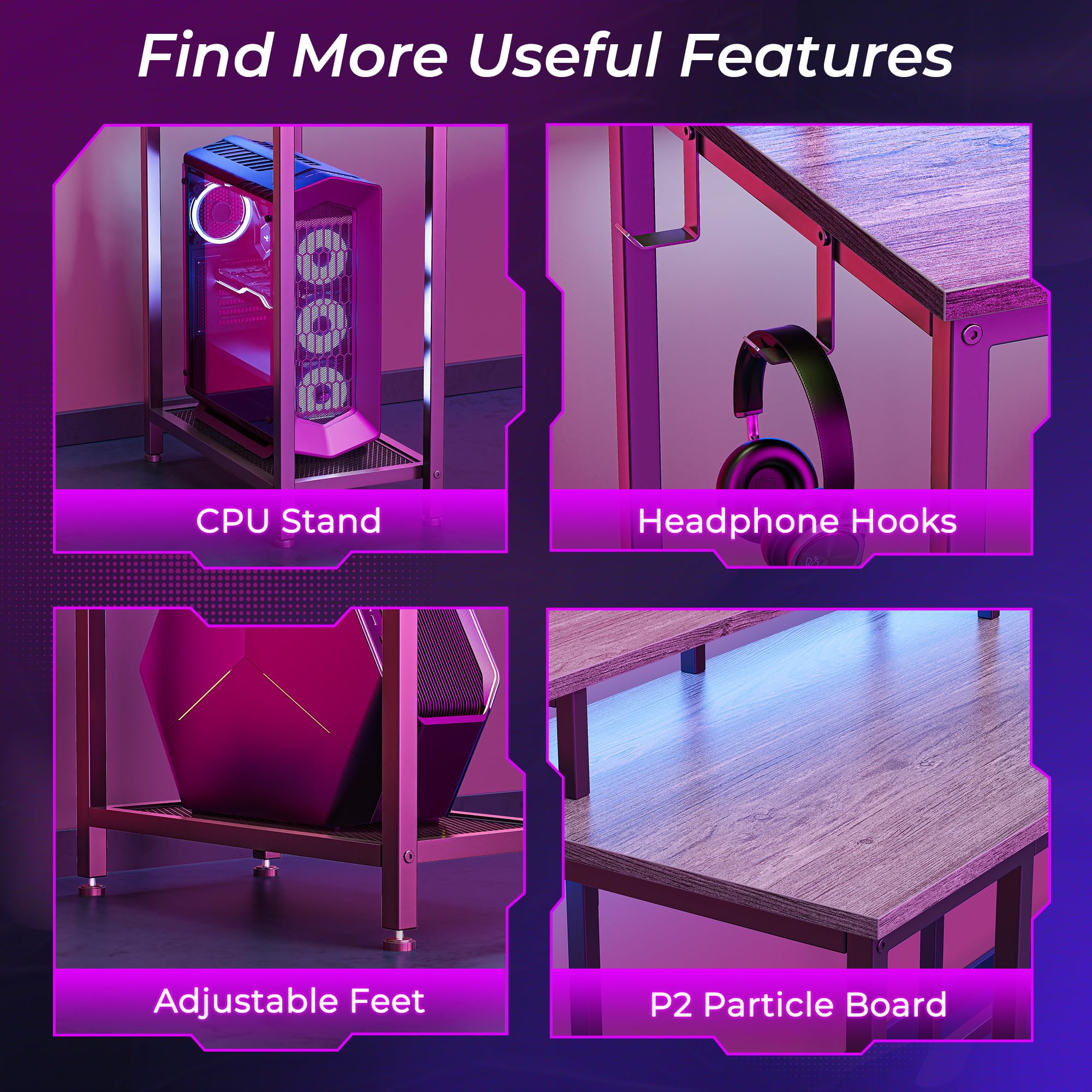 SUPERJARE L-Shaped Gaming Desk with LED Lights & Power Outlets, Computer Desk with Monitor Stand & Headphone Hooks, Home Office Corner Desk (Grey) - Perfect for PC Gaming Setup, Streaming & Remote Workstations