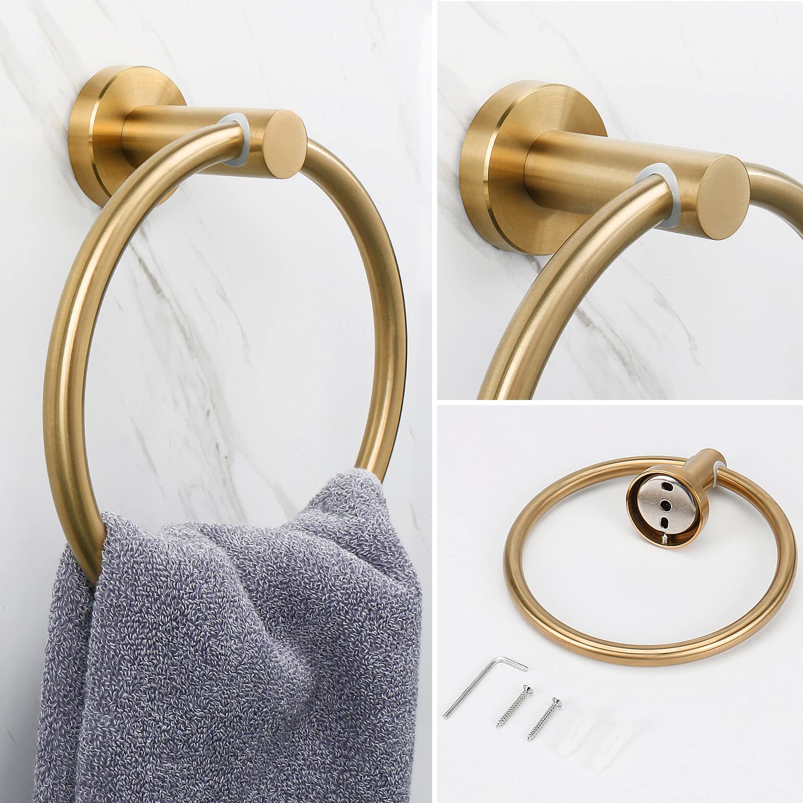 NearMoon 4-Piece Bathroom Hardware Set - Brushed Gold Stainless Steel Towel Ring, Toilet Paper Holder & 2 Robe Hooks - Wall Mounted Bath Accessories for Modern Home Decor (Perfect for Bathroom, Powder Room & Spa Style Vanity)
