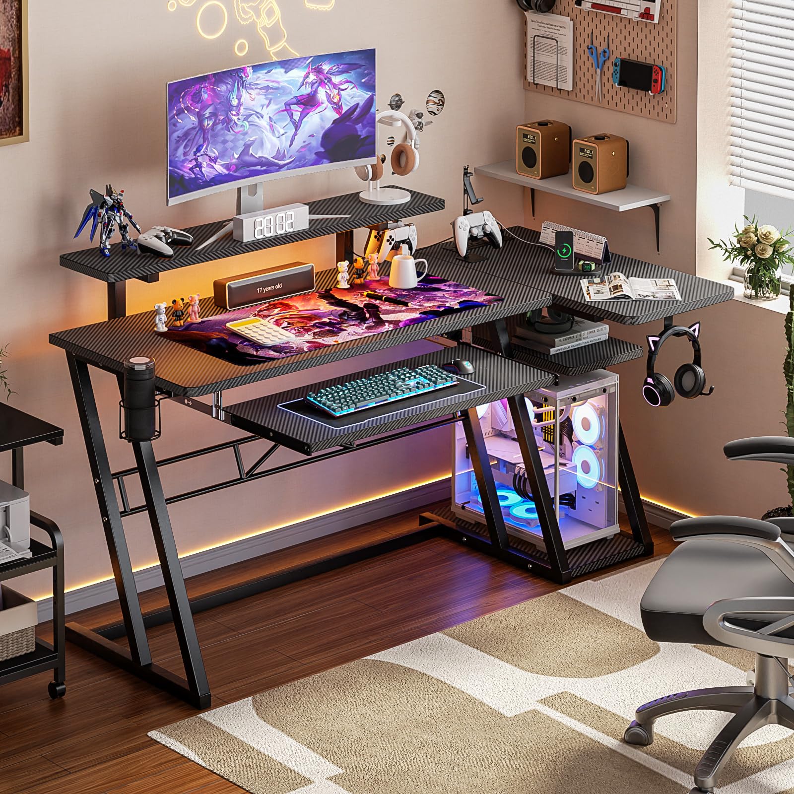 Premium L-Shaped Gaming Desk with Built-in Power Outlets & RGB LED Lights - 47
