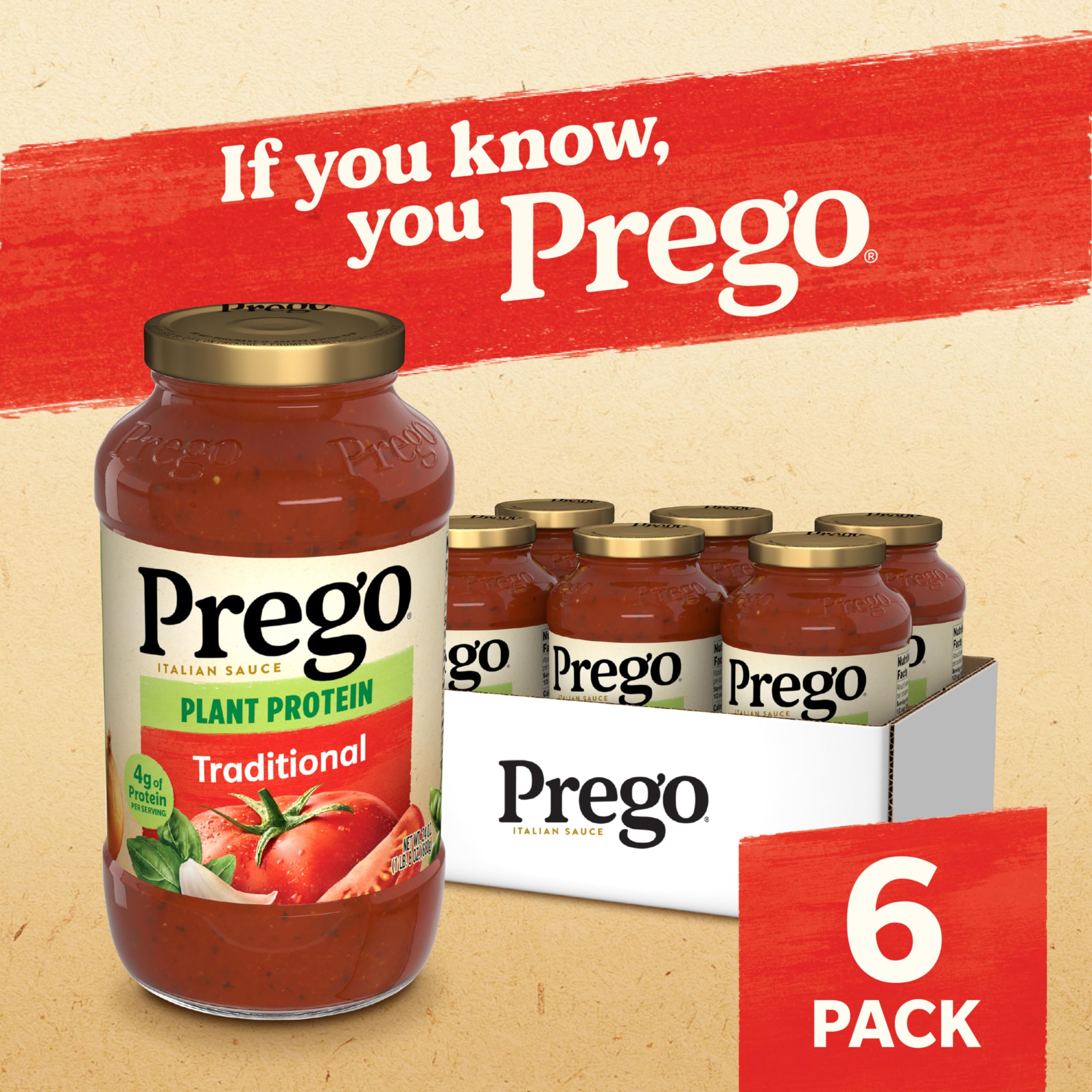 Prego Plant Protein Traditional Pasta Sauce - Vegan, Gluten-Free, 24 Oz Jar (Pack of 6) | High-Protein Meatless Pasta Topping for Italian Dishes, Lasagna & Healthy Family Meals