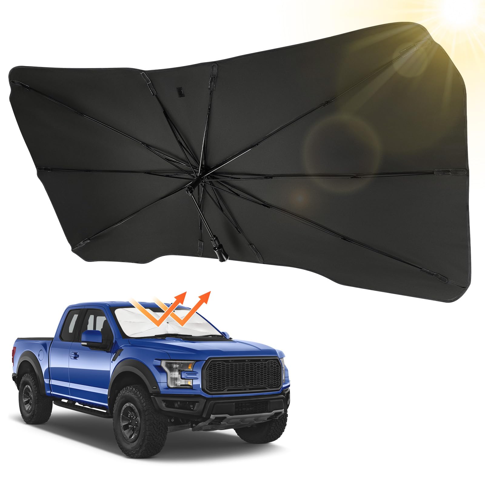 JOYTUTUS Universal Windshield Sun Shade Umbrella for Ford F150 & Full-Size Pickup Trucks - 360° Rotatable Bendable Shaft with Titanium Silver UV Block Coating | Car Sun Protector with Emergency Safety Hammer | Perfect for Parking, Road Trips & Summer Heat Protection