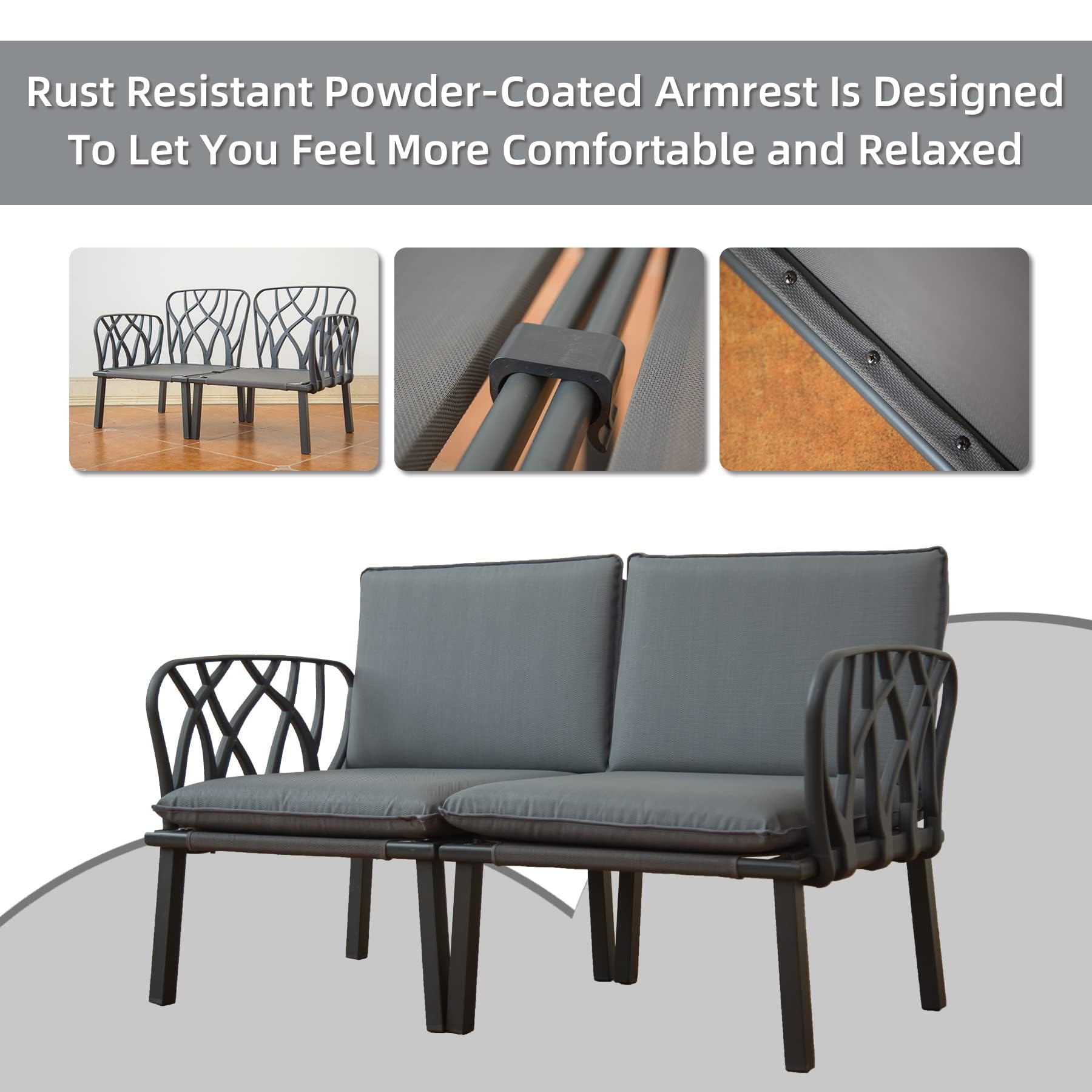 **Domi Loveseat Patio Sofa with Removable Gray Cushions - All-Weather Modern Metal & Plastic Outdoor Dining Chairs - Perfect for Balcony, Porch, Lawn, Garden & Backyard Relaxation**