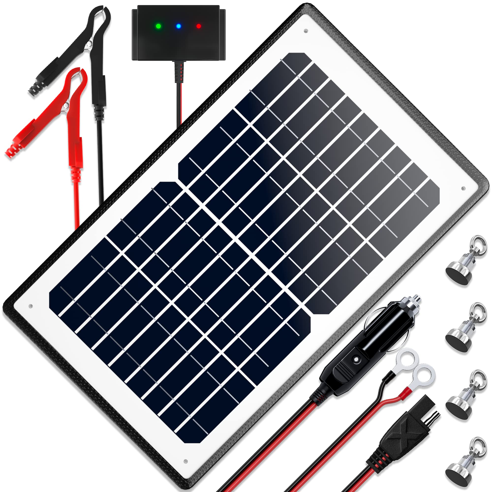 POWOXI 12V 10W Magnetic Solar Panel Battery Charger with Intelligent Controller - Waterproof Solar Trickle Charger for Car, RV, Boat, Motorcycle & Marine Battery Maintenance - Perfect for Outdoor, Camping & Off-Grid Power Supply