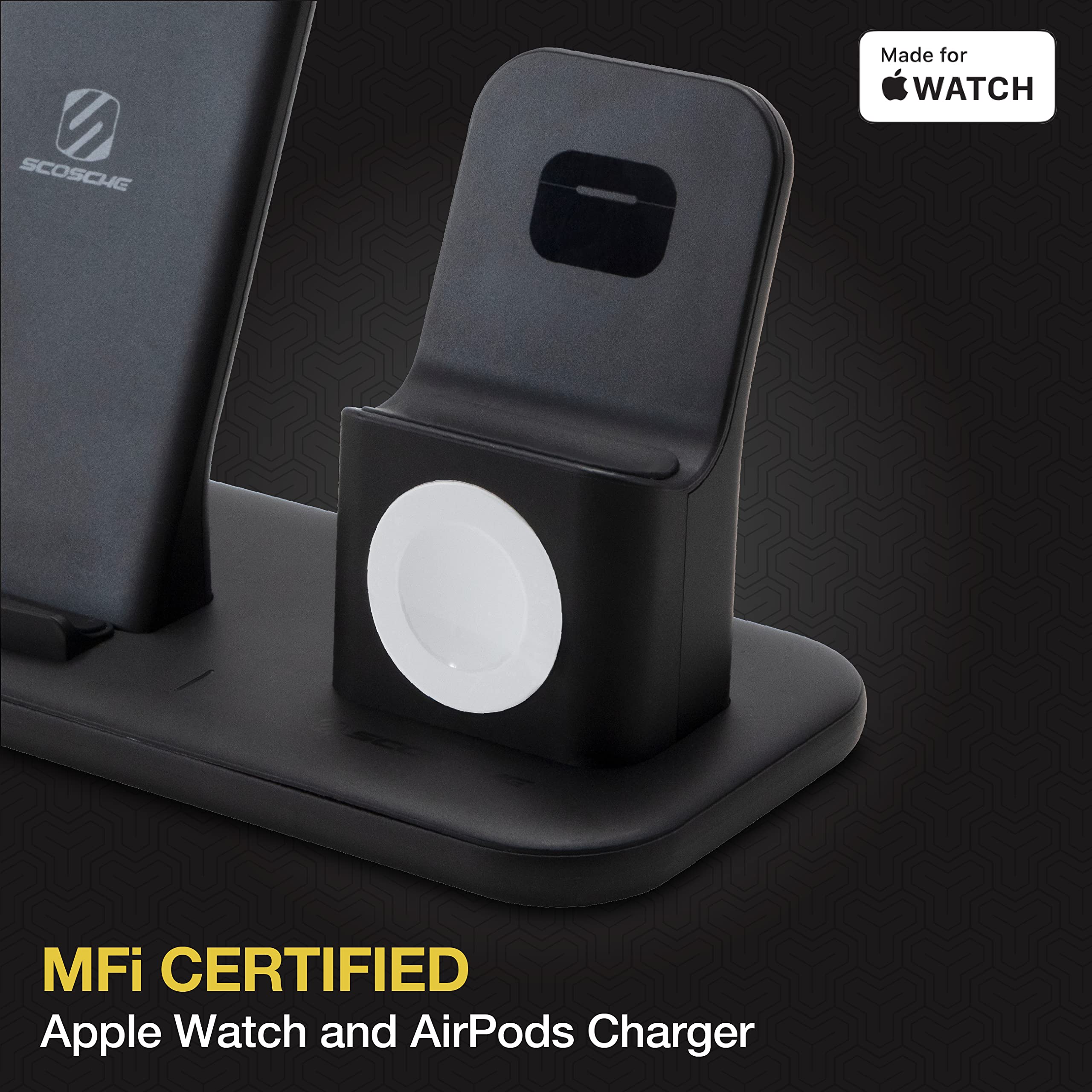 Scosche CSQ3N1-SP Qi-Certified Wireless Charging Dock - Compatible with iPhone, Samsung, AirPods & Smartwatches - Fast Wireless Charger for Home, Office & Car - Black