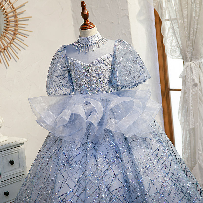 Sparkly Blue Sequin Princess Flower Girl Dress with Ruffles & Mock Neck - Perfect for Weddings, Pageants & Special Occasions