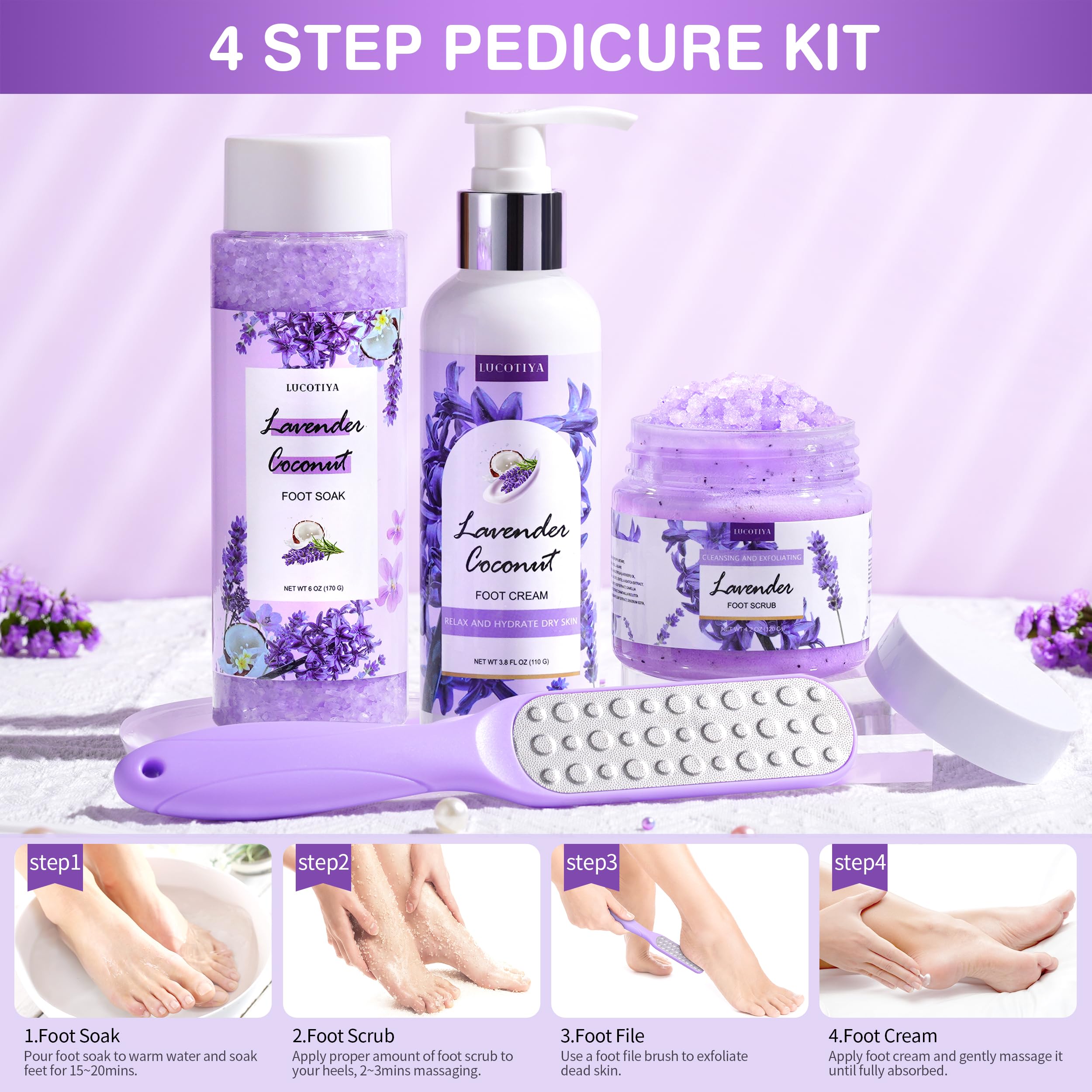 Lavender Foot Soak Set with Epsom Salt, Foot File, Exfoliating Scrub & Urea Cream - Moisturizing Pedicure Kit for Dry Cracked Feet - Women's Spa Gift Set for Relaxation & Self Care at Home
