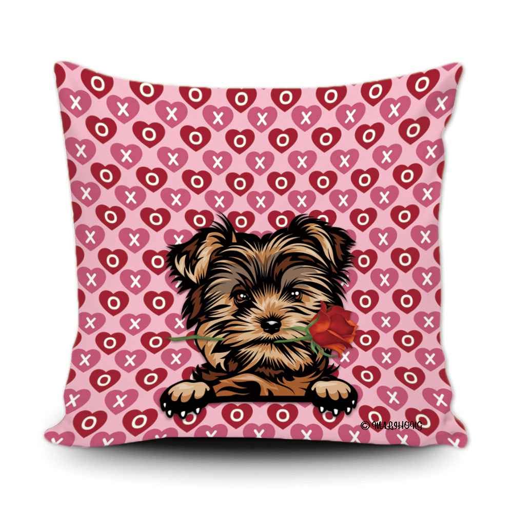 Valentine's Day Dog Lover Pillow Cover - Cute Yorkie Peeking with Rose Design 18x18 Inch Throw Pillow Case for Sofa, Bed, Couch - Perfect Romantic Home Decor Gift for Couples & Pet Lovers