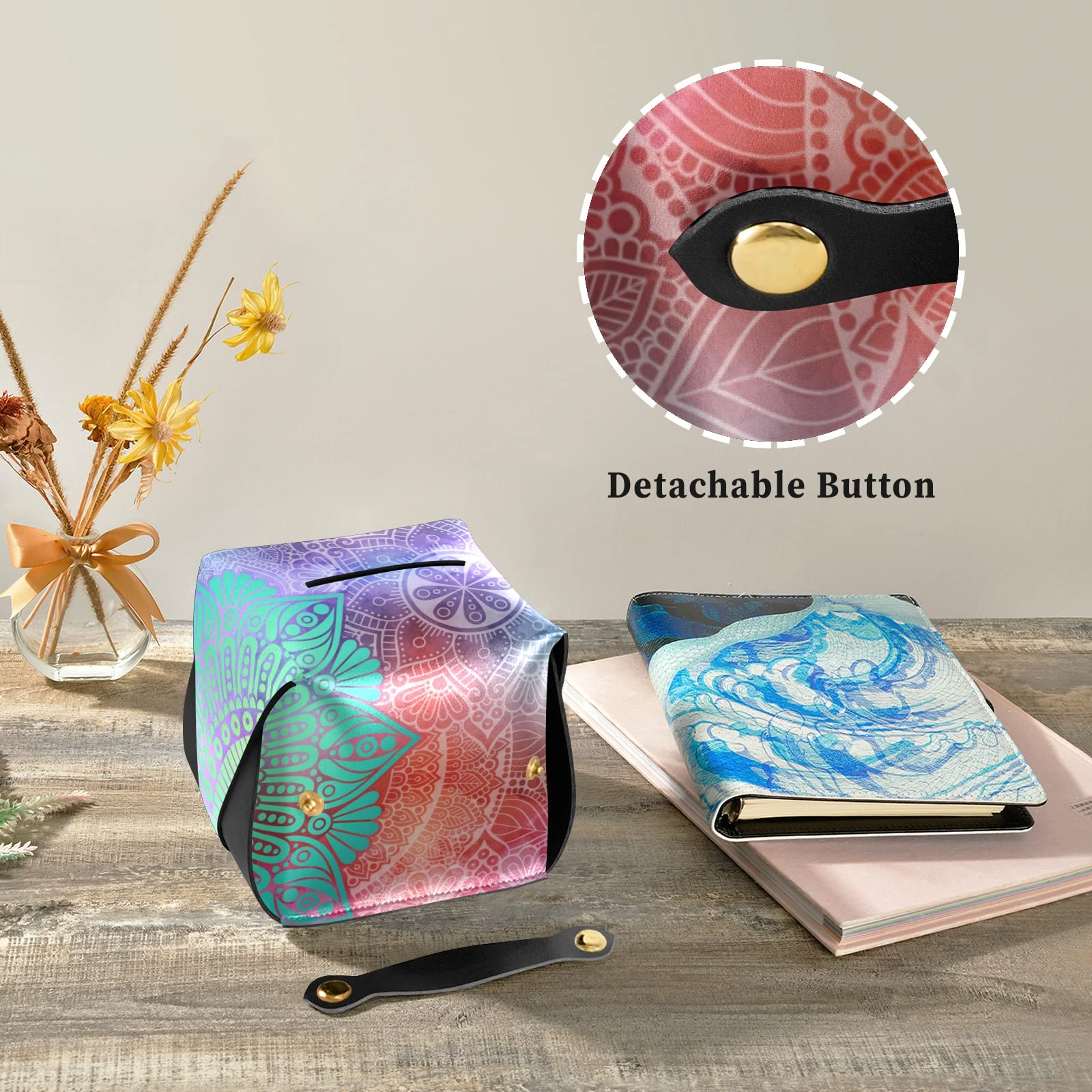 Ethnic Floral Leather Tissue Box Cover - Arabic, Indian & Ottoman Style Home Decor with Handle (5.7x5.7x5.7 in) for Bathroom, Bedside Table, Vanity, Office Desk & Car Interior Accessory