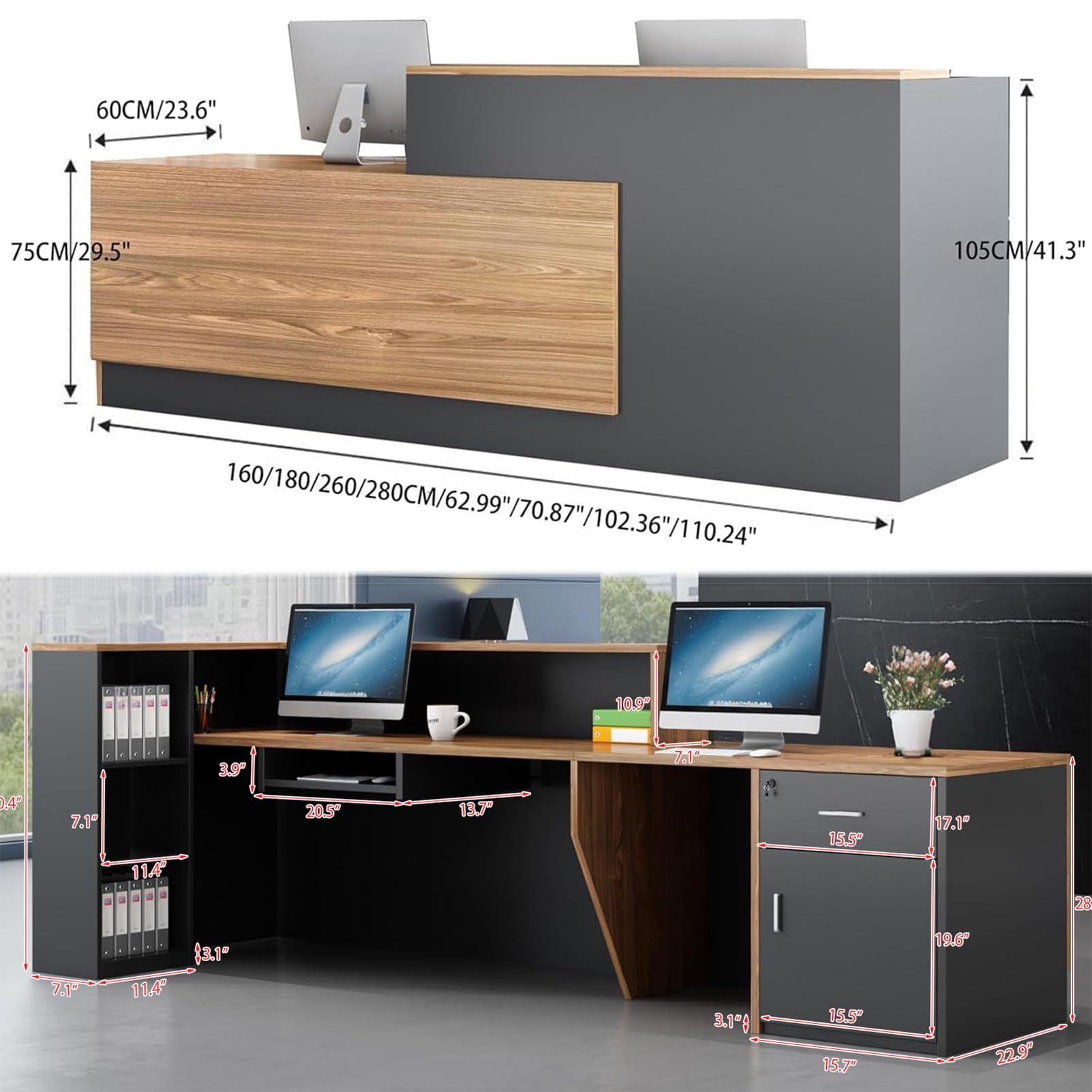 Modern L-Shaped Reception Desk - Large Wooden Commercial Receptionist Desk with Counter, Lockable Drawers & Storage Cabinet - Right Facing Office Front Desk (70.87