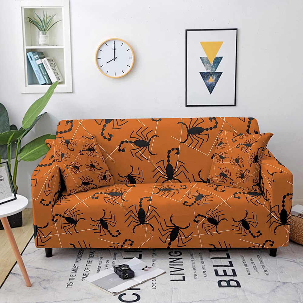 Halloween Stretch Sofa Cover - Elastic Pumpkin Print Couch Slipcover for Living Room, Non-Slip Furniture Protector Fits 1/2/3/4 Seater (190-230cm) - Perfect for Halloween Decor, Fall Home Decor & Seasonal Party Decorations