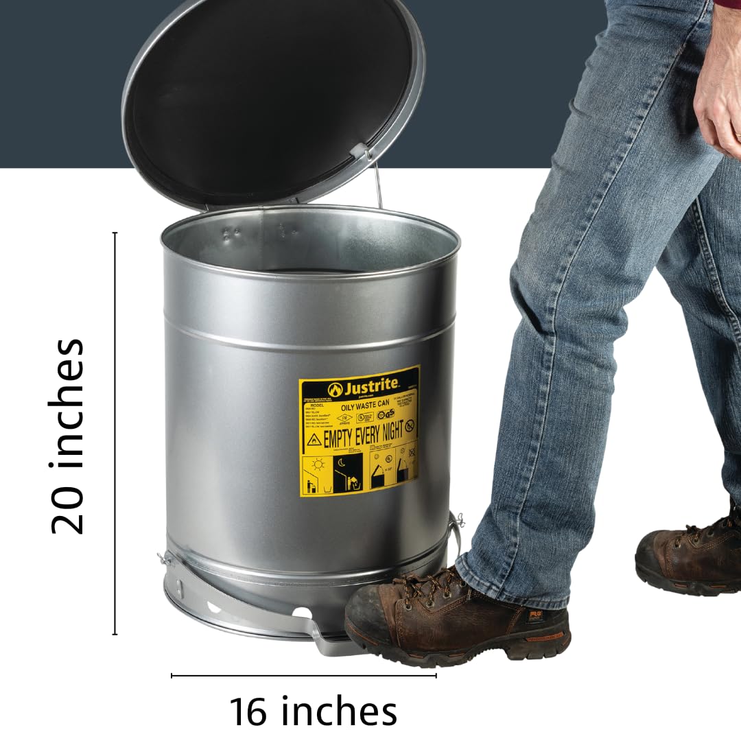 Justrite 14 Gallon Galvanized Steel Oily Waste Can with Foot Pedal Lid - 20