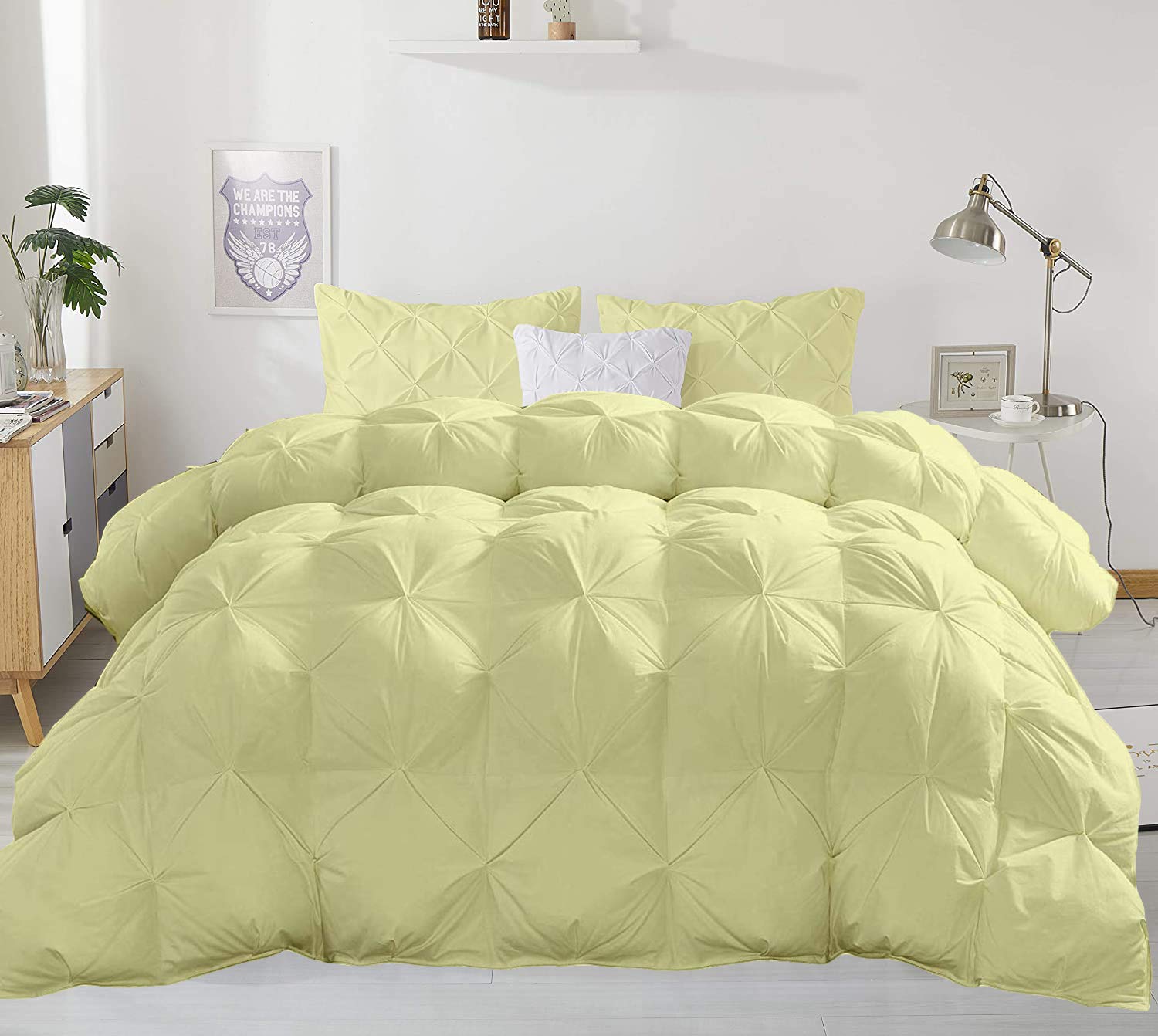 Premium Khyati Bedding All-Season Oversized Comforter Set - 98x120 Inch Ivory Solid 3-Piece Quilted Pinch Pleated Design | 1200 Thread Count 100% Cotton (Comforter Cover & Pillow Insert Not Included) | Perfect for Master Bedroom, Guest Room & Luxury Hotel Stays