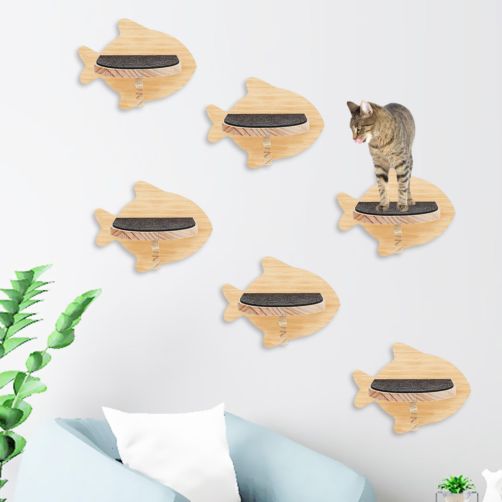 Kathson 6-Pack Wood Cat Wall Shelves - Non-Slip Felt Climbing Steps for Play & Rest (Fish Shape)