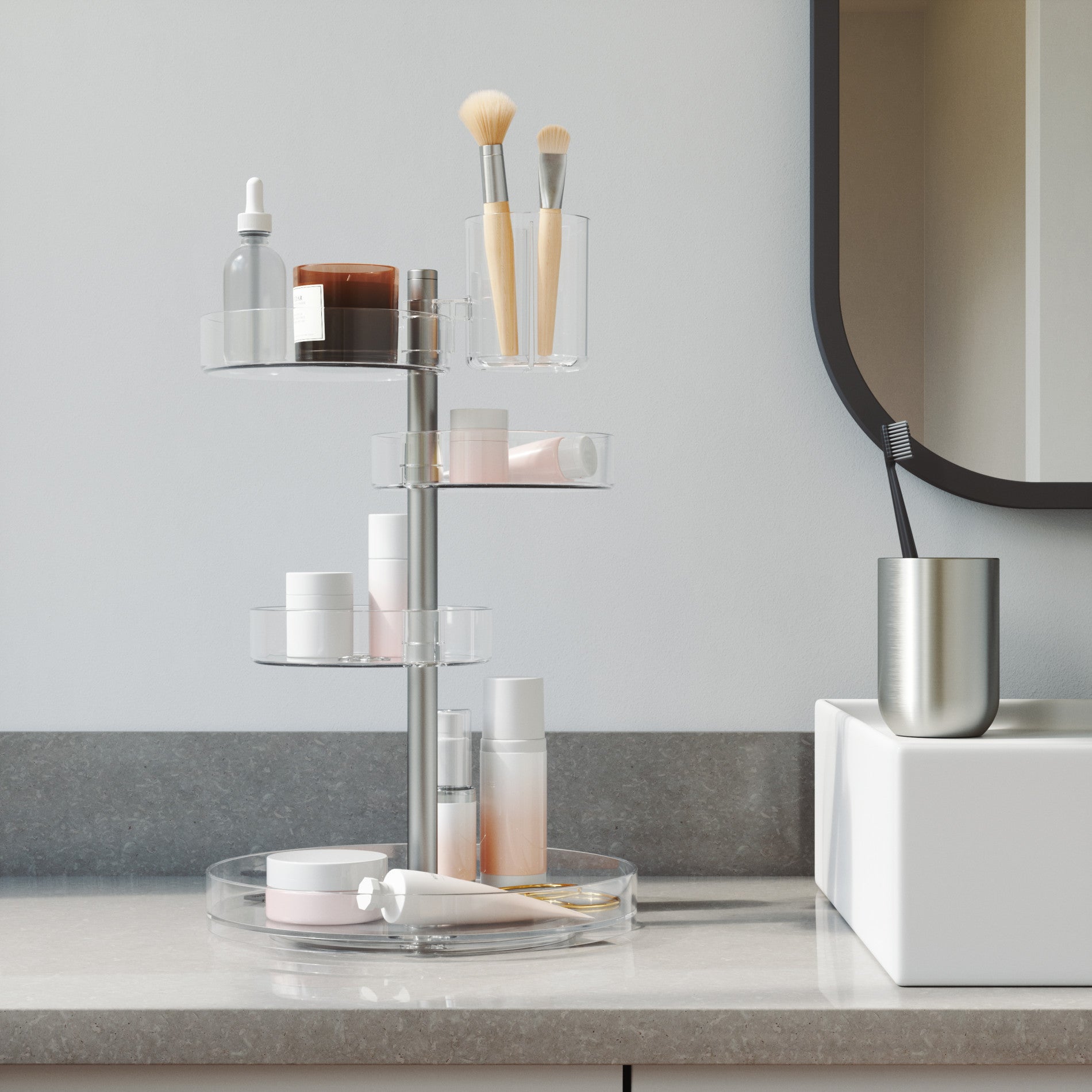 Pirouette Cosmetic Organizer - 360° Rotating Makeup Storage Case with Adjustable Dividers | Perfect for Vanity, Bathroom & Travel | Keep Your Beauty Essentials Organized in Style