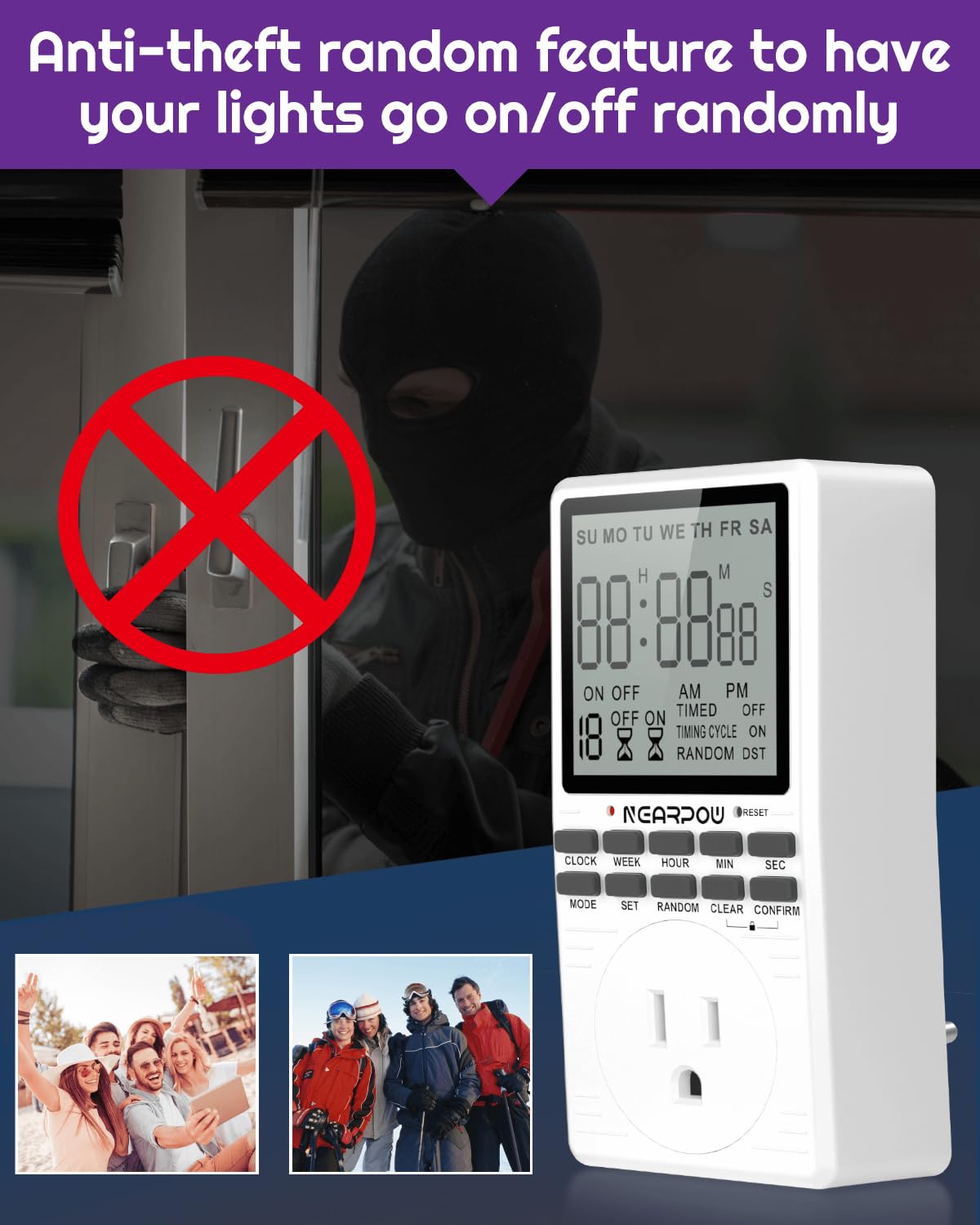NEARPOW 7-Day Programmable Outlet Timer with Countdown - 19 ON/Off Settings, 15A/1800W, 3-Prong Plug - Perfect for Christmas Lights, Aquariums, Grow Lights & Home Automation