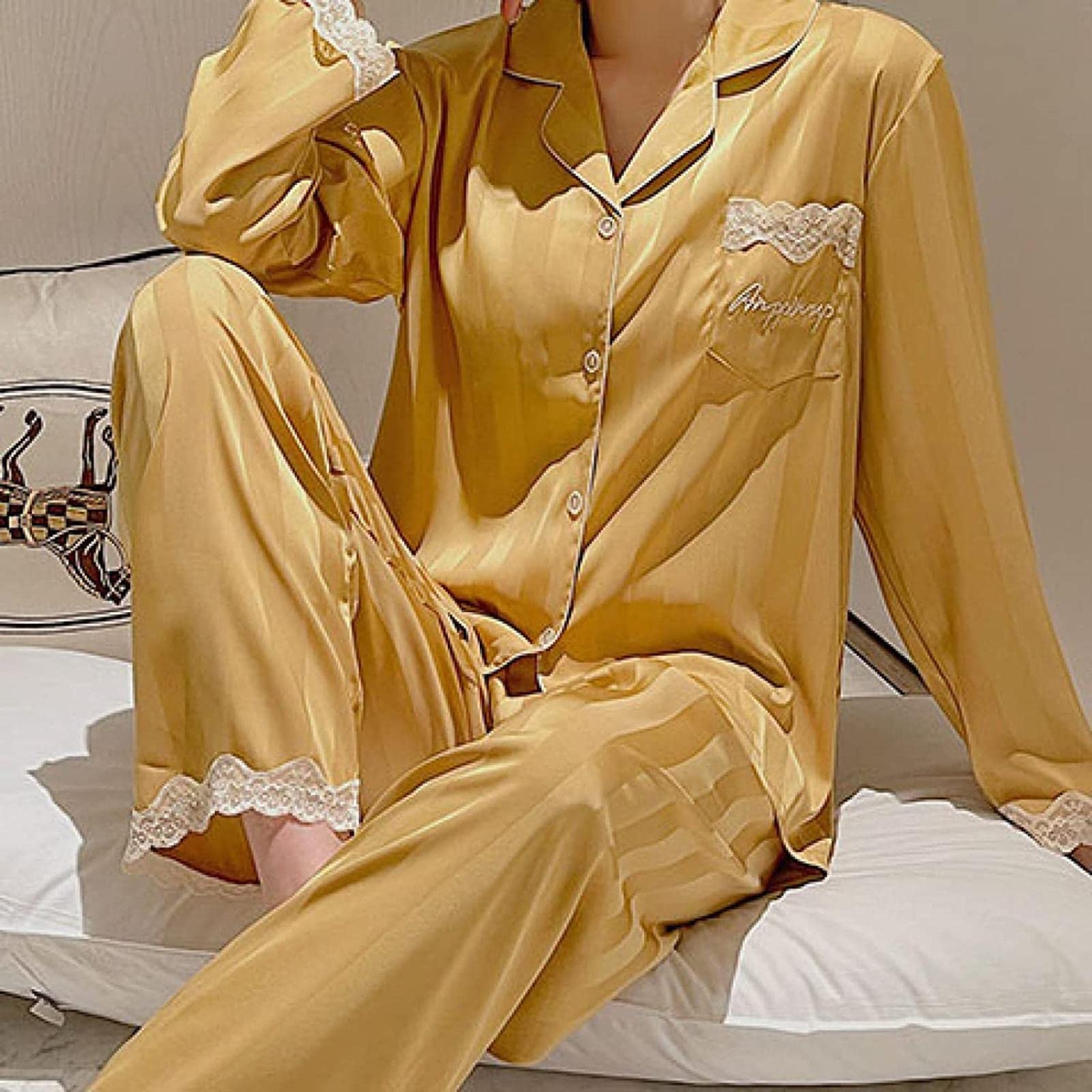 Women's Lace Silk Satin Pajama Set - 2-Piece Long Sleeve Comfortable Sleepwear Loose Fit Button Down PJs for Lounge & Bedtime | Perfect for Relaxing at Home, Gift Giving & Special Occasions